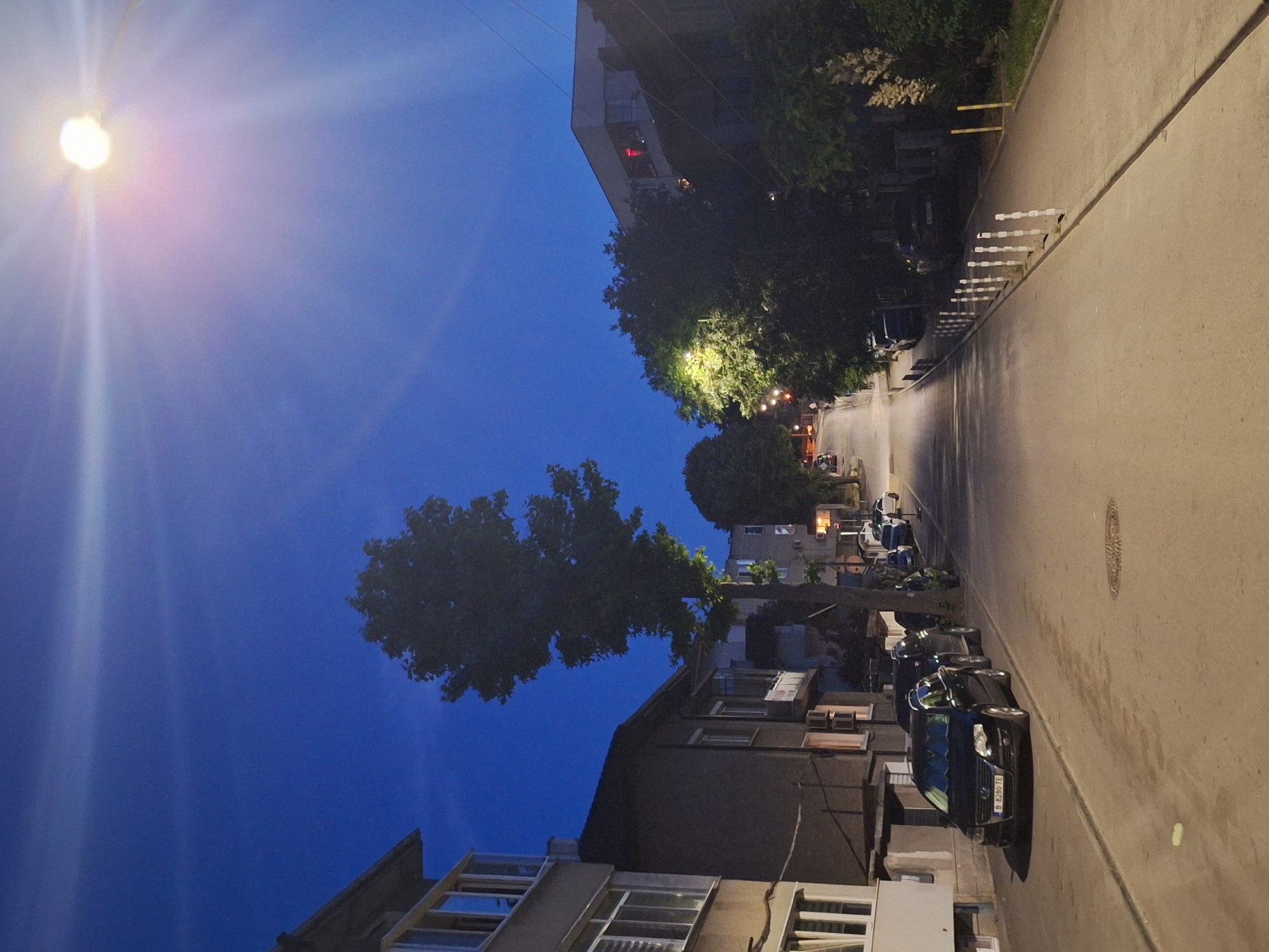 The image depicts a street scene at dusk or early night in Varna, Bulgaria. The sky is a deep blue, transitioning from lighter hues near the horizon. A bright street lamp is visible in the upper right corner, casting a glow and lens flare across the sky. On the left, a multi-story building with balconies and windows is partially visible, its facade in shades of gray and white. Next to it is a darker building with windows and an air conditioning unit.
The street itself is paved and curves slightly uphill and to the right. Several cars are parked along the left side of the street, including a black Volkswagen Passat with license plate "B 8280 TE" in the foreground. A tall, slender tree stands on the left side of the street, its dark silhouette stark against the blue sky. Further down the street, more trees and buildings are visible, illuminated by streetlights. The right side of the street has a sidewalk with a row of white bollards and some yellow posts. Dense foliage lines the right side of the sidewalk. The overall atmosphere is quiet and suburban.