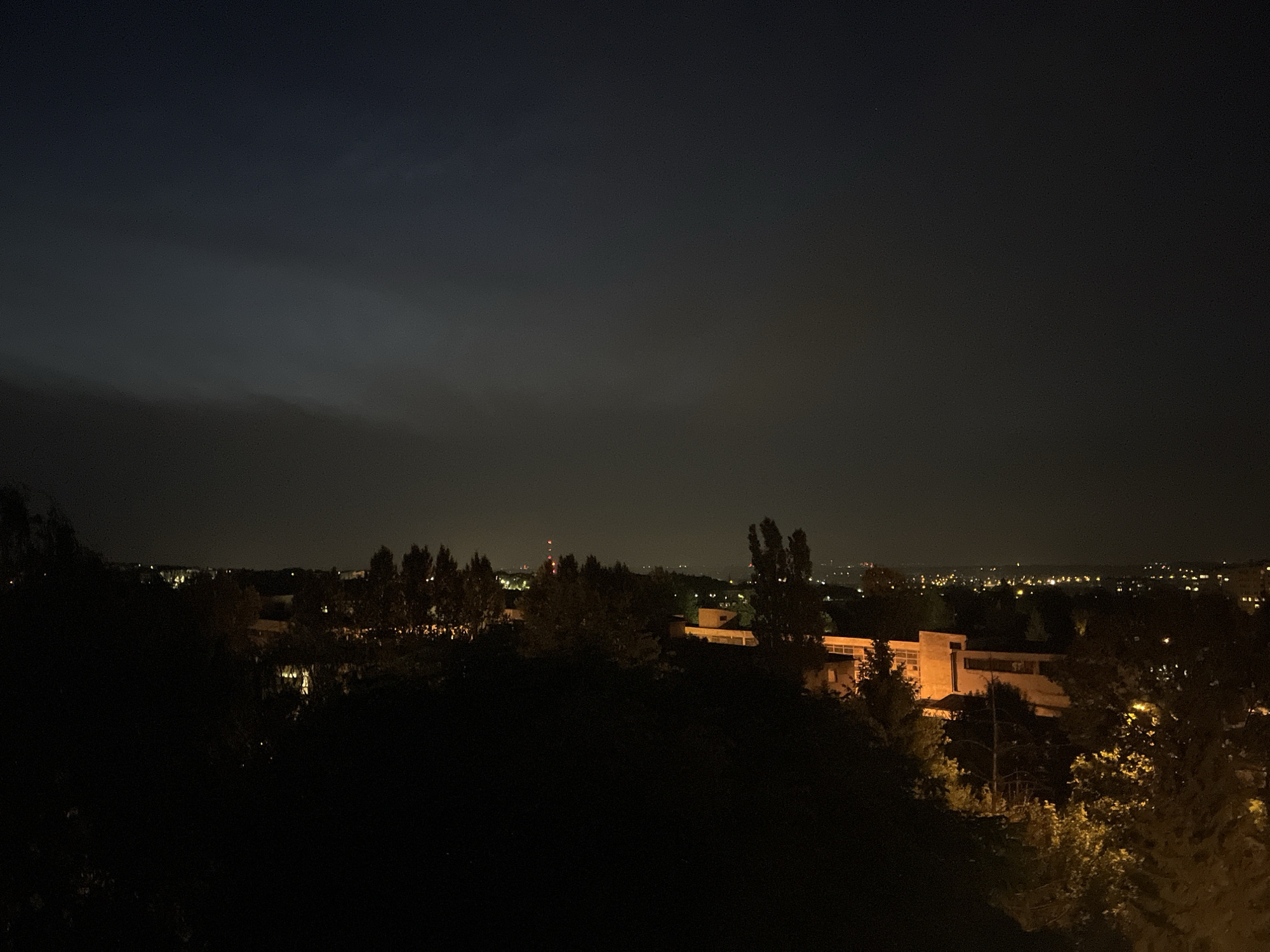 The image captures a nighttime aerial view of a city, likely taken from an elevated position. The sky is dark with some faint cloud cover visible. In the middle ground, a cluster of trees partially obscures a low-rise building with illuminated windows. Beyond this, the city stretches out, characterized by a scattering of lights indicating urban development. The foreground is dominated by dark silhouettes of trees and foliage, suggesting the viewpoint is from a wooded area overlooking the city. The overall impression is one of a quiet, nocturnal urban landscape.