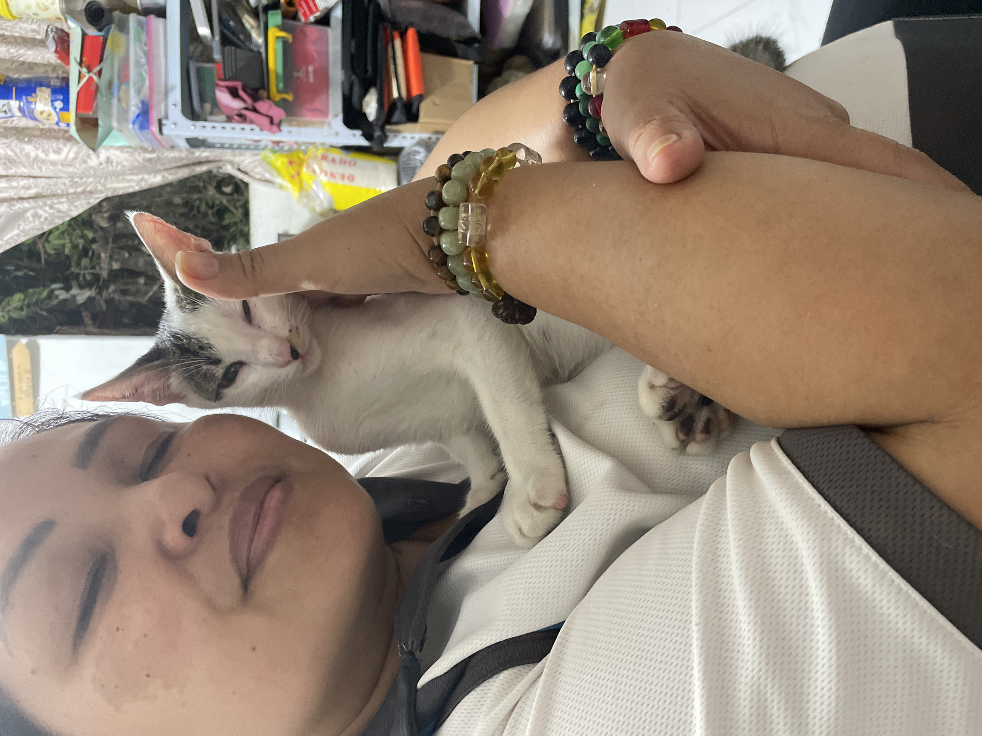 A person with closed eyes and a faint smile is holding a young cat. The cat is white with black and brown markings on its head and ears, and its eyes are partially closed. The person is wearing a white polo shirt with gray and black accents. They are also wearing several beaded bracelets on their arm. The background appears to be an indoor setting with shelves filled with various items, suggesting a storage area or a room in a house. The scene is set in Davao City, Philippines.