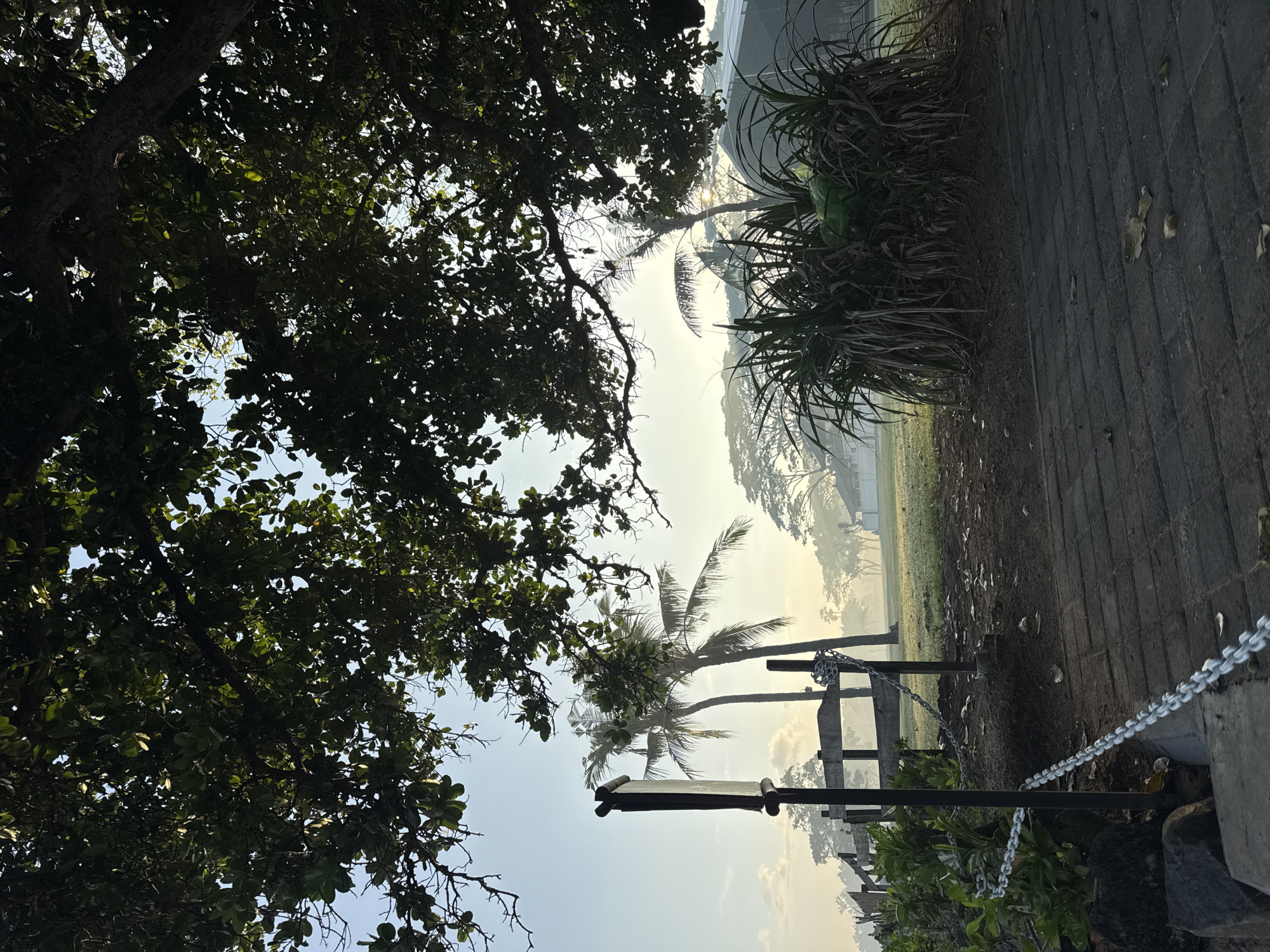 The image depicts a park scene in Kuta Selatan, Indonesia. The foreground is dominated by a dense canopy of trees on the left, casting shadows. A paved pathway runs vertically on the right, alongside vegetation. In the middle ground, a metal and wooden structure with a chain is visible, separating the path from a grassy area with scattered trees. In the background, there is a building or structure partially obscured by trees and haze, suggesting early morning light.
