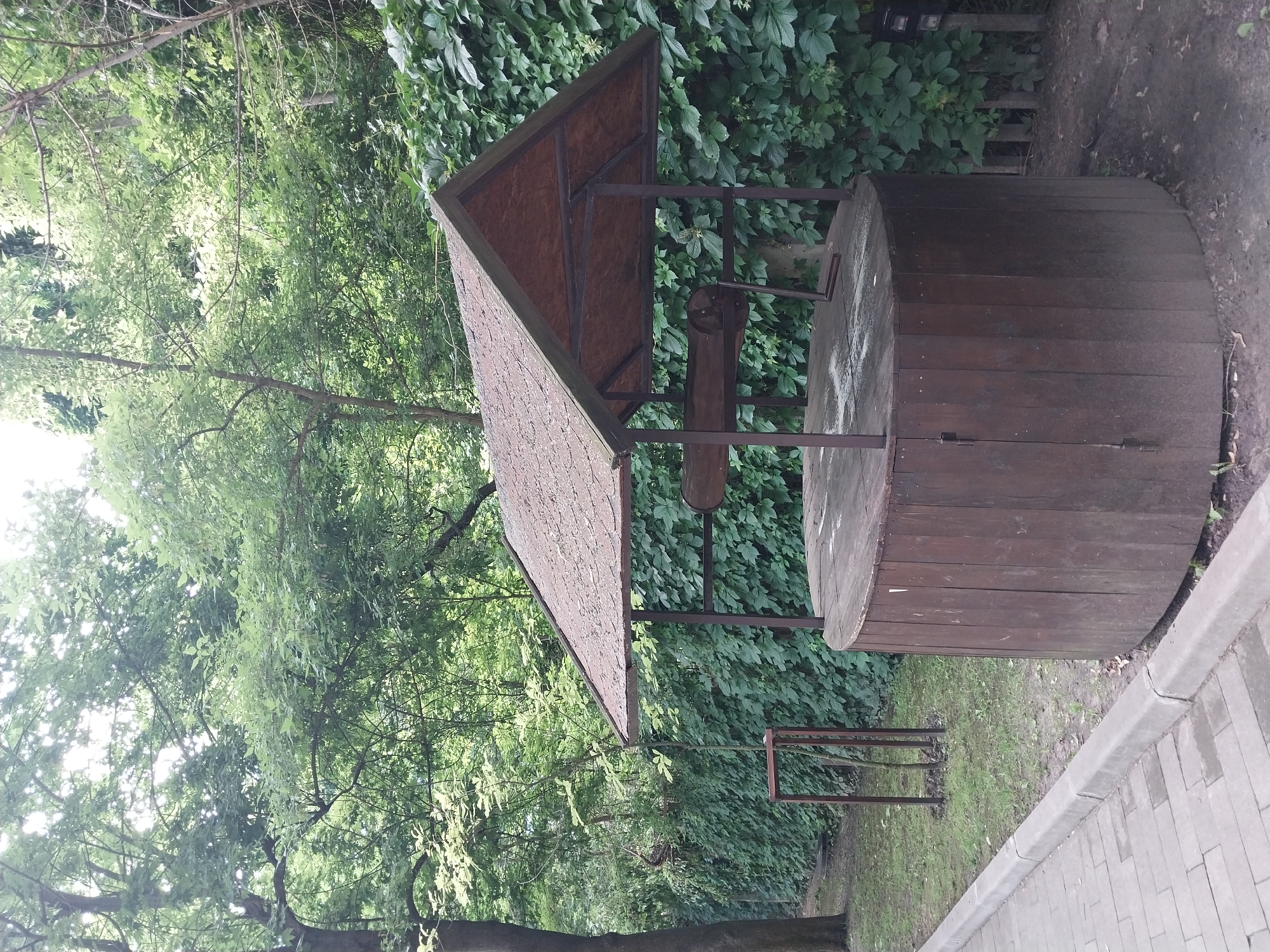 The image shows a well with a wooden barrel and a tiled roof. The well is located on a dirt path surrounded by greenery. To the left of the well, there is a paved walkway with a concrete curb. In the background, there are trees and bushes, and a wall covered in ivy. The overall scene suggests a park or garden setting in Dnipro, Ukraine. There are no people visible in the image.