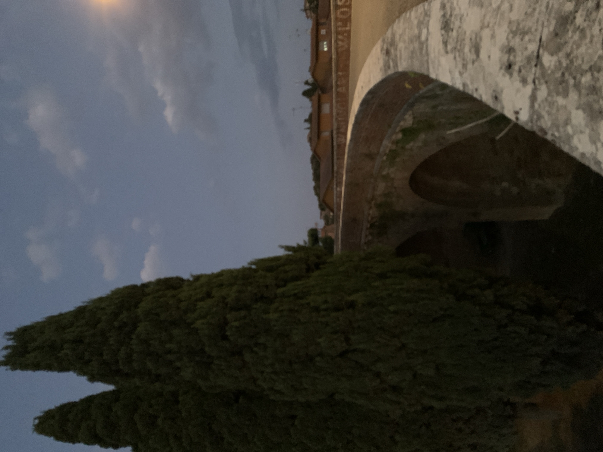 The image depicts an exterior scene at dusk, with a large, dark green cypress tree dominating the foreground. Behind the tree, an arched structure, possibly a bridge or aqueduct, made of brick and stone is visible. The arches are dark and shadowed, with some vegetation growing around them. The structure's surface is textured and appears weathered. Above the arched structure, buildings with terracotta roofs are silhouetted against a twilight sky. The sky is a deep blue with scattered clouds, and a bright, hazy sun or moon is visible in the upper left corner. Some text is faintly visible on the wall of the arched structure, appearing to read "VALOS" vertically. The overall impression is one of an old, possibly historic, location bathed in the soft light of evening.