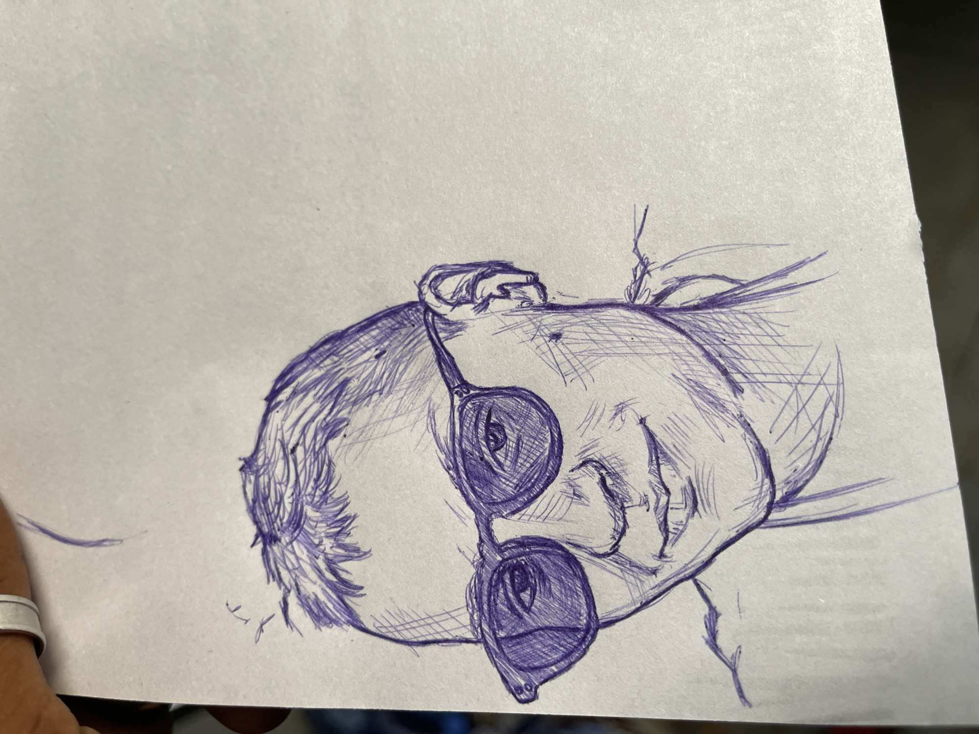 This is a pen and ink sketch on white paper of a person wearing sunglasses. The sketch is a close-up of the person's face and upper chest. The person has short, spiky hair. They are wearing thick-rimmed sunglasses with dark lenses. Their nose is prominent, and their lips are slightly parted. Shading is used to create depth and form, particularly on the face and within the sunglasses. The drawing is in purple ink. The image is cropped to show the sketch, with a portion of a hand wearing a ring visible at the top left edge, and the bottom edge of the paper is visible. There is no indication of the location being in Abuja, Nigeria.
