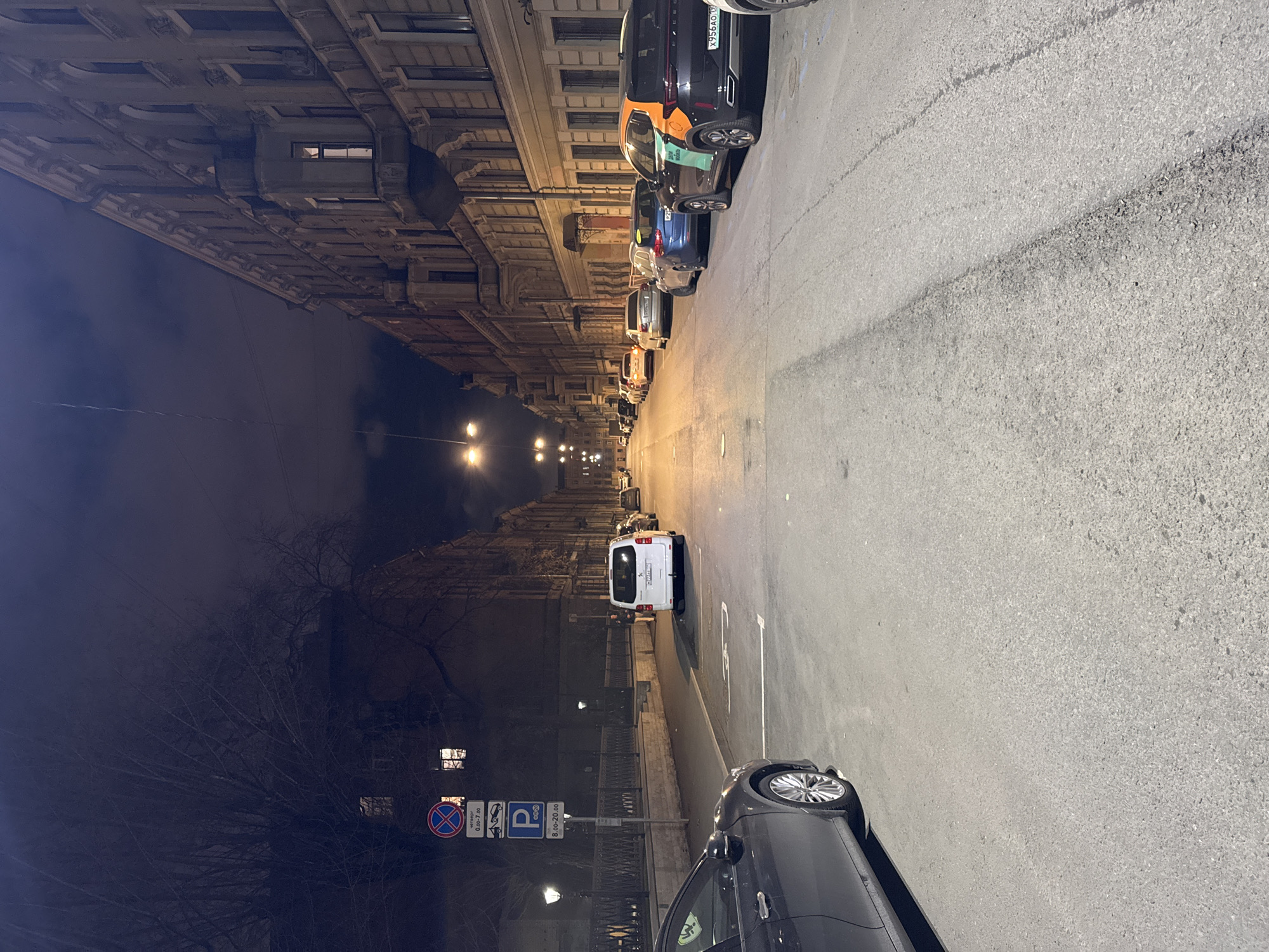 The image depicts a street in Saint Petersburg, Russia, at night. Cars are parked along both sides of the street. A white van is positioned in the middle ground of the street. Streetlights illuminate the scene. Buildings with detailed facades line the street. A no-parking sign is visible. A dark gray car is parked in the foreground. The road surface is made of asphalt.