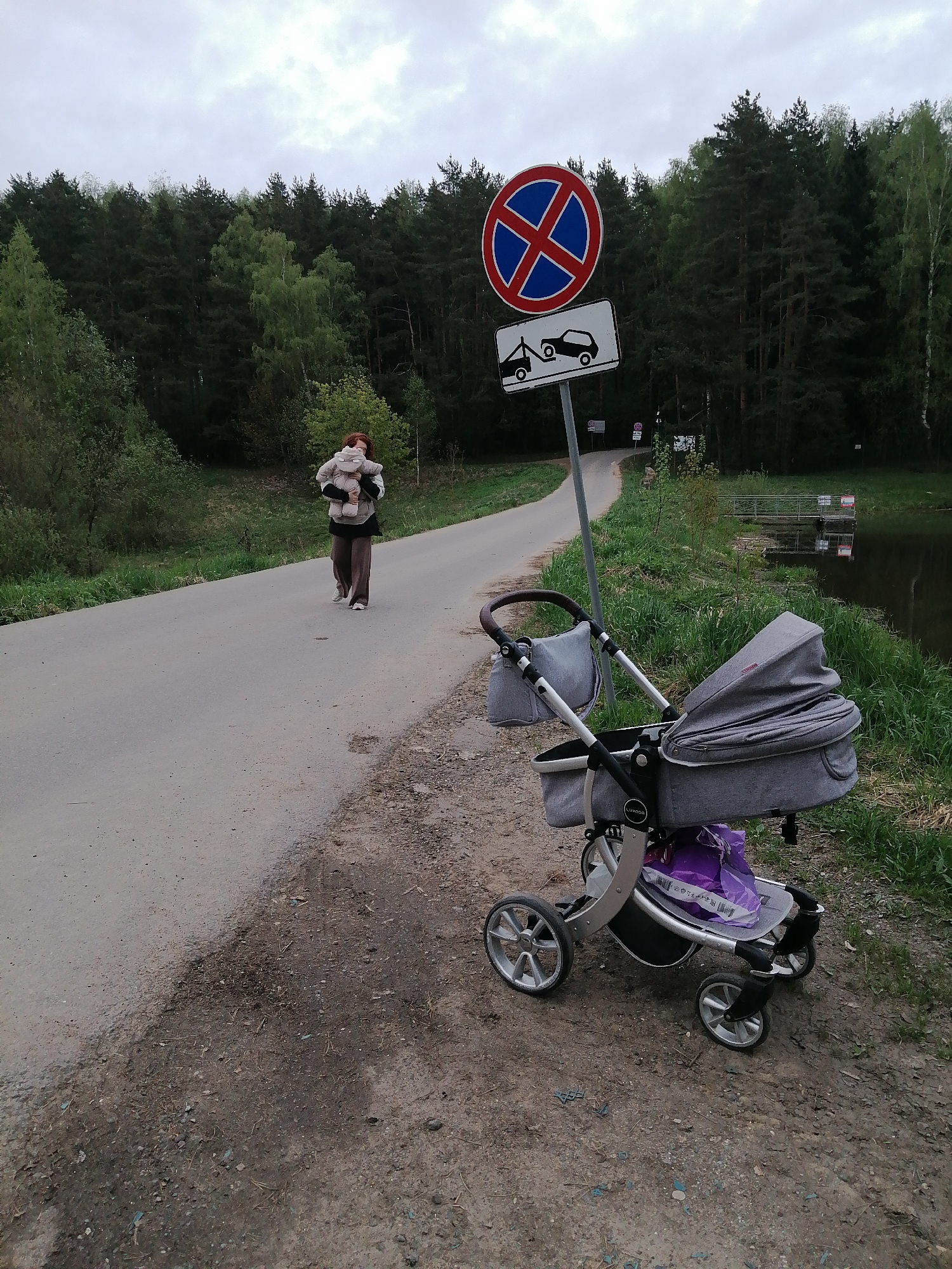 The image presents a scene on a paved road near a forest and a body of water. A woman walks along the road carrying a child or doll. A gray stroller is parked on the dirt shoulder next to a 'no stopping' sign. The weather appears overcast. The exact location is unclear but the scene evokes a park or recreational area.