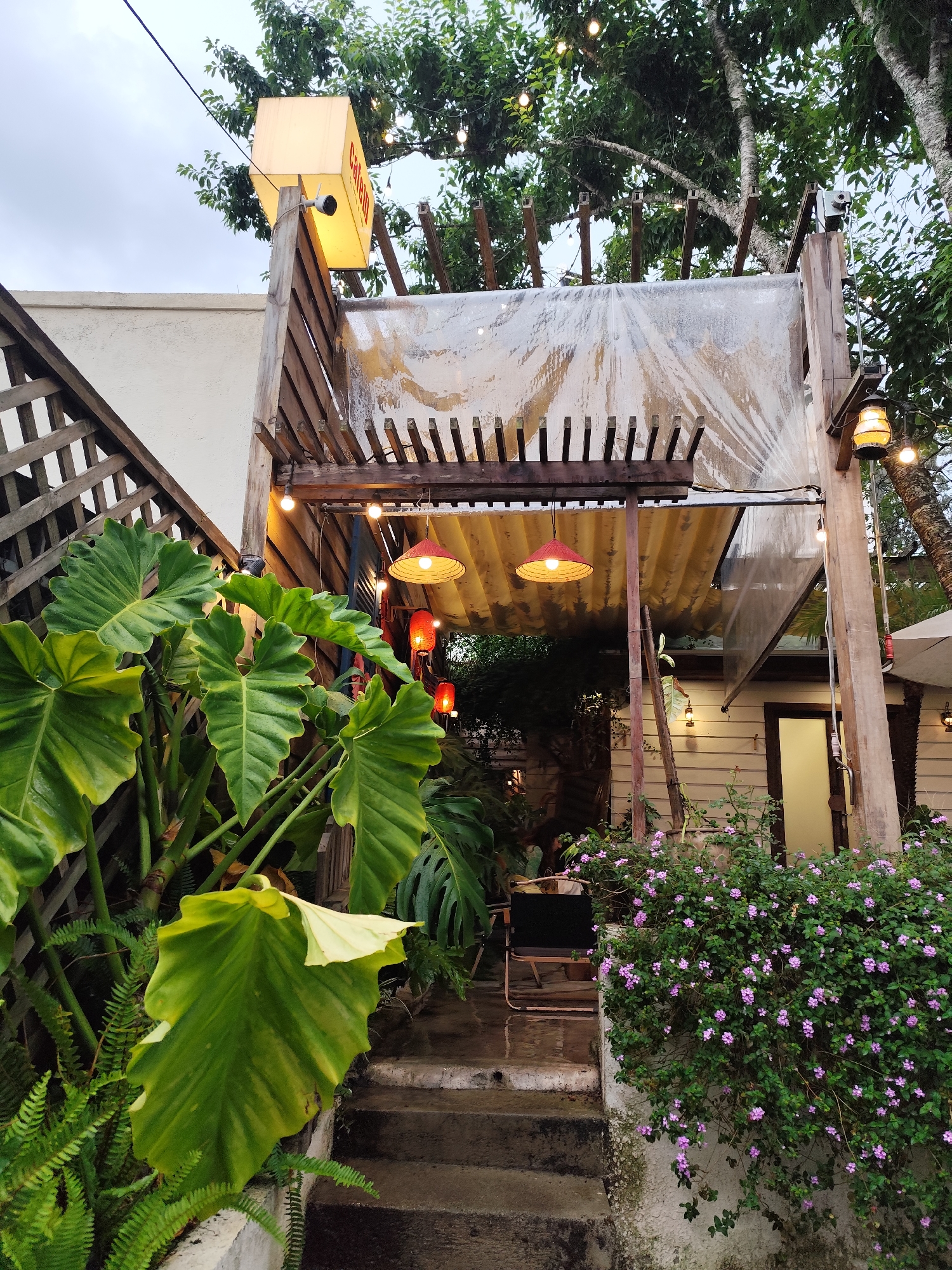 The image shows the entrance to a café in Da Lat, Vietnam. Steps lead up to a wooden pergola covered with a clear plastic sheet. A light box with "Catem" printed on it sits atop the pergola on the left side. Red lamps hang from the pergola. A wooden lattice fence and lush green plants frame the steps on the left. On the right, a building with a single doorway is partly visible, with purple flowering bushes bordering the steps. String lights are hung above the entrance, and a security camera is mounted to a wooden post. A lantern hangs from the post. The scene is outdoors, and the lighting suggests it is evening or dusk.