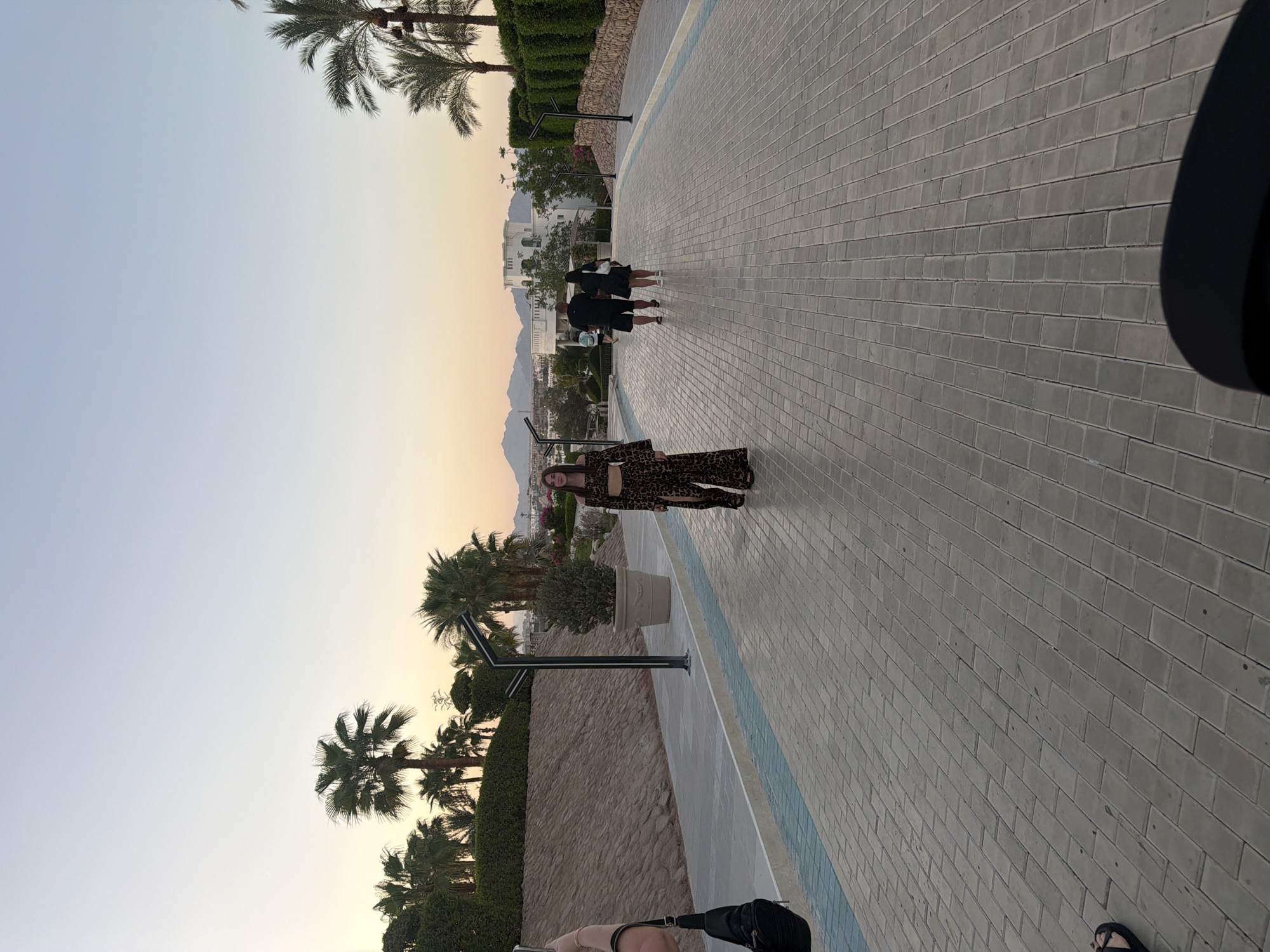 The image depicts a paved walkway lined with palm trees and manicured hedges, characteristic of Sharm El Sheikh, Egypt, during a sunset. In the foreground, a young woman wearing a leopard print outfit stands facing the camera, her pose suggesting she is posing for a photograph. To her left, the arm and shoulder of another person are visible, holding a phone and seemingly taking the picture. Further down the walkway, a couple walks away from the camera, with a man in a black shirt and shorts and a woman in a black dress. In the background, white buildings and distant mountains can be seen against the soft hues of the setting sun. The overall scene conveys a leisurely atmosphere, likely within a resort or hotel complex.