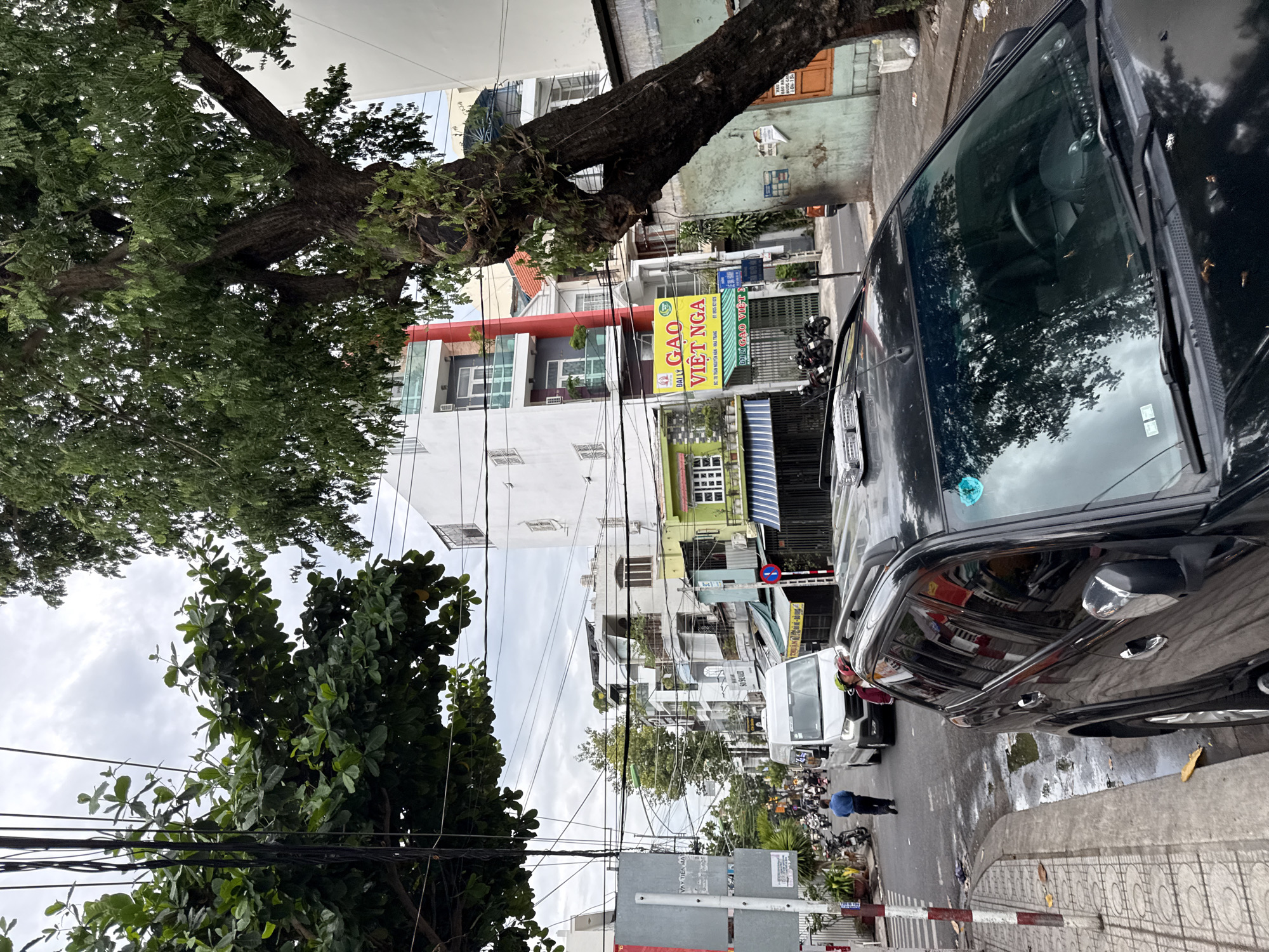 The image shows a street scene in Nha Trang, Vietnam. In the foreground, a black SUV is parked on the side of the road. A sidewalk with patterned tiles runs alongside the road, with some fallen leaves on it. The road is wet in places, suggesting recent rain.
Further down the street, there are several buildings with varying architectural styles. Some are modern, with multiple stories and balconies, while others appear older and are painted in bright colors like green and yellow. A white van is visible driving on the road.
A large tree with a thick trunk and extensive branches dominates the right side of the image, its leaves casting shadows. Overhead, a network of electrical wires crisscrosses the sky.
There are a few people visible in the scene. A man in a blue shirt is walking away from the camera on the sidewalk. Another person, possibly a woman wearing a pink top and a helmet, is visible near the front of the SUV, looking into it. Several motorcycles are parked on the side of the road.
A prominent yellow sign with Vietnamese text and an image of rice is hanging on one of the buildings, indicating a rice shop. Traffic signs and utility poles are also present along the street. The sky is overcast, with visible clouds. The overall impression is of a typical urban street in a Vietnamese city, with a mix of residential and commercial buildings, traffic, and vegetation.
