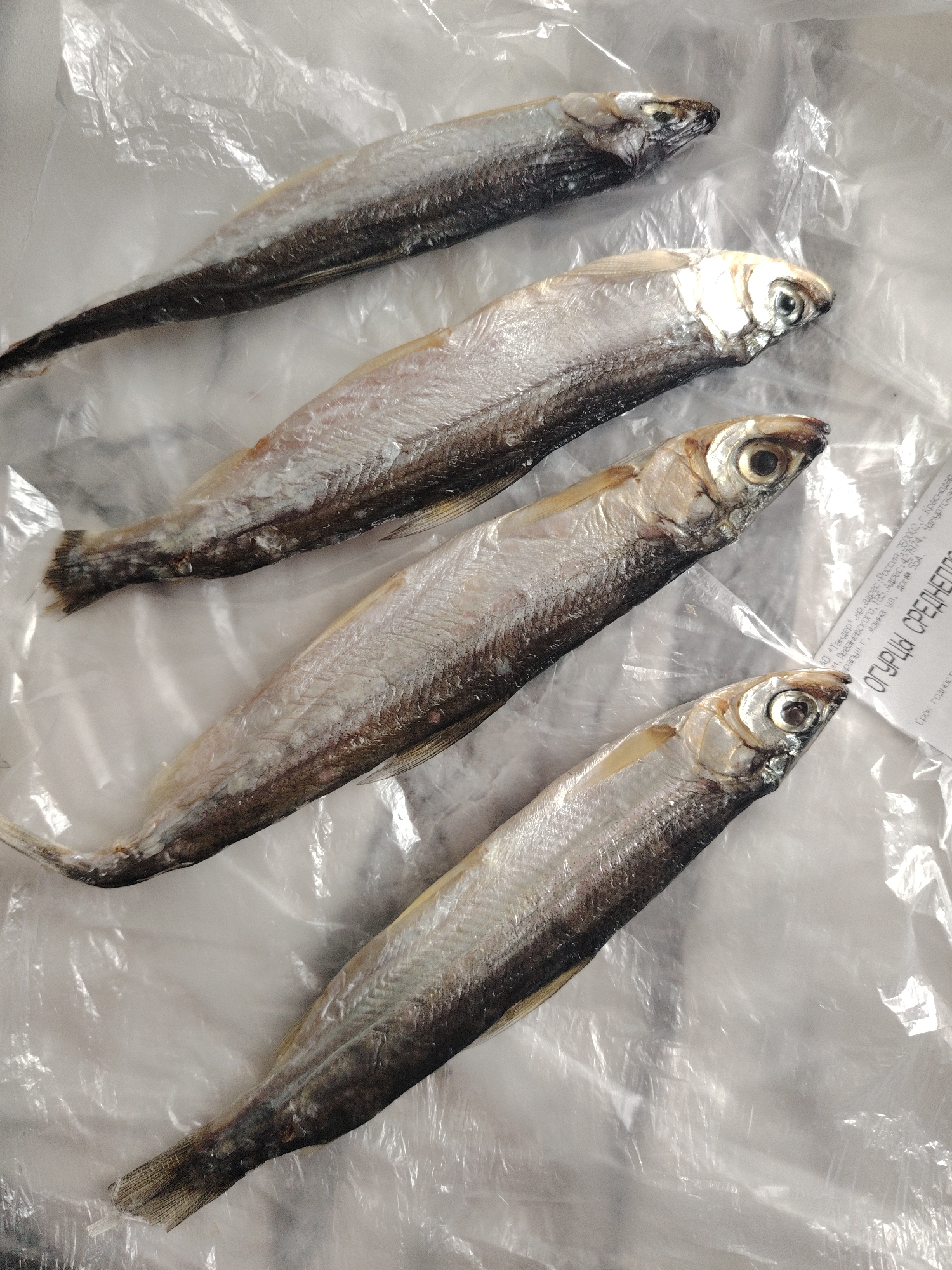 The image displays four small, whole fish, likely dried or smoked, arranged diagonally on a crinkled, translucent plastic bag. The fish exhibit a silvery-grey color with darker backs and lighter undersides, and some white residue, possibly salt or dried oils, is visible on their bodies. Their heads and tails are intact, with glazed eyes.
The setting appears to be indoors, focusing entirely on the fish and their immediate packaging. No specific activity or event is taking place beyond the presentation of these food items.
Notable details include the condition of the fish, suggesting they are prepared for consumption as a snack or meal component. The plastic bag has partially legible text printed on it in Russian. The visible text from the OCR mentions "АО "Тандер"" (Tander JSC), addresses including "Россия, 350002, г.Краснодар" (Russia, Krasnodar) and "427974, Удмуртская" (Udmurt Republic), specifically aligning with the provided location context "Sarapul, Russia" with "г. Азина ул, дом 554" (Azina street, house 554). The text also indicates "ОГУРЦЫ СРЕДНЕГО" (medium cucumbers) and "Срок годности" (expiration date), suggesting the bag may have been reused or originally contained other groceries. No people, time of day, or specific emotional cues are discernible in the image.