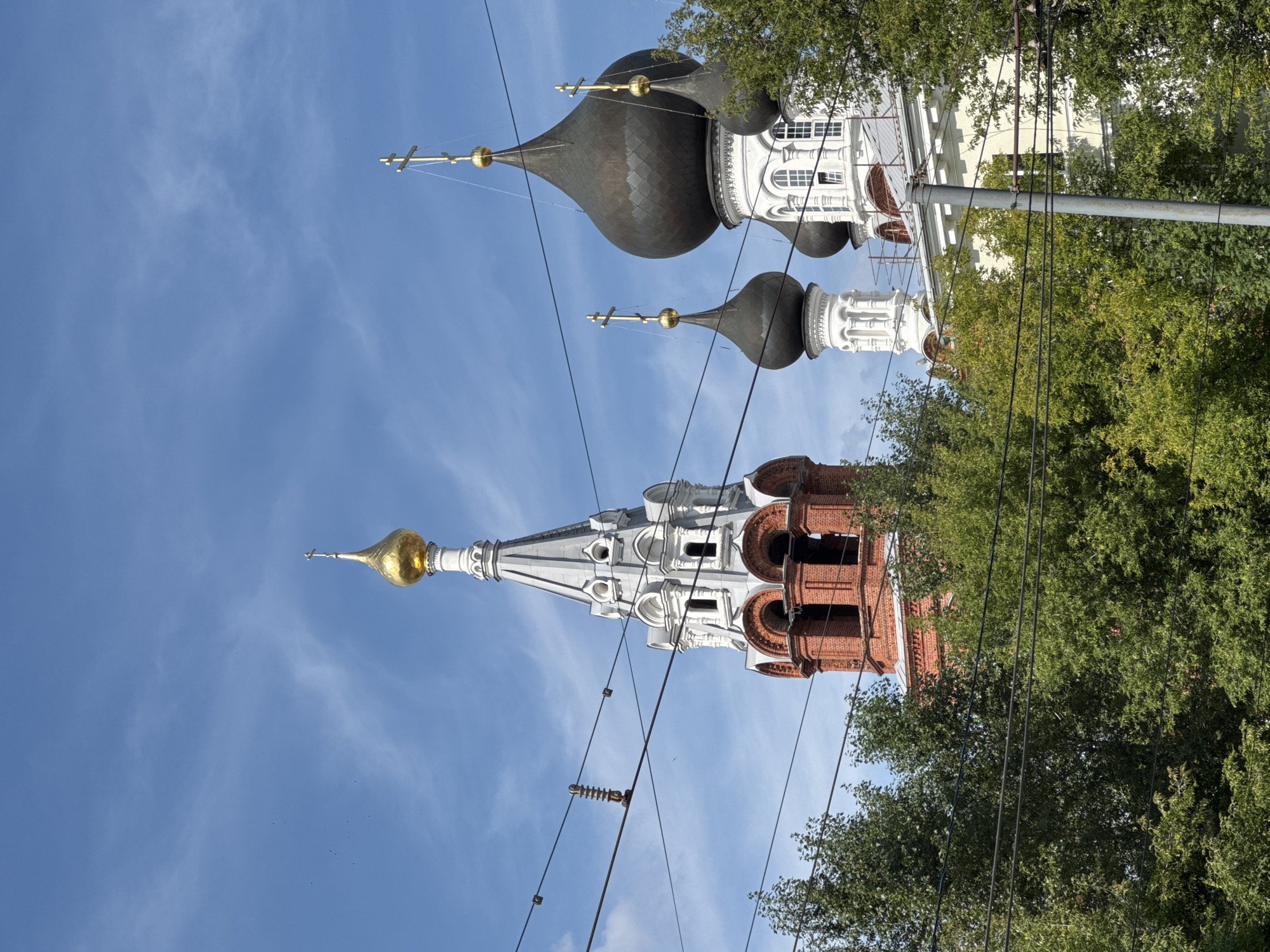 The image shows the Church of the Assumption of the Virgin Mary in Nizhny Novgorod, Russia. The church's bell tower, topped with a golden dome and cross, is visible on the left. To the right, several dark, onion-shaped domes with crosses rise against a blue sky with wispy clouds. The church is surrounded by lush green trees, and power lines with insulators run across the foreground. The architecture suggests an Orthodox Christian church, common in Russia.