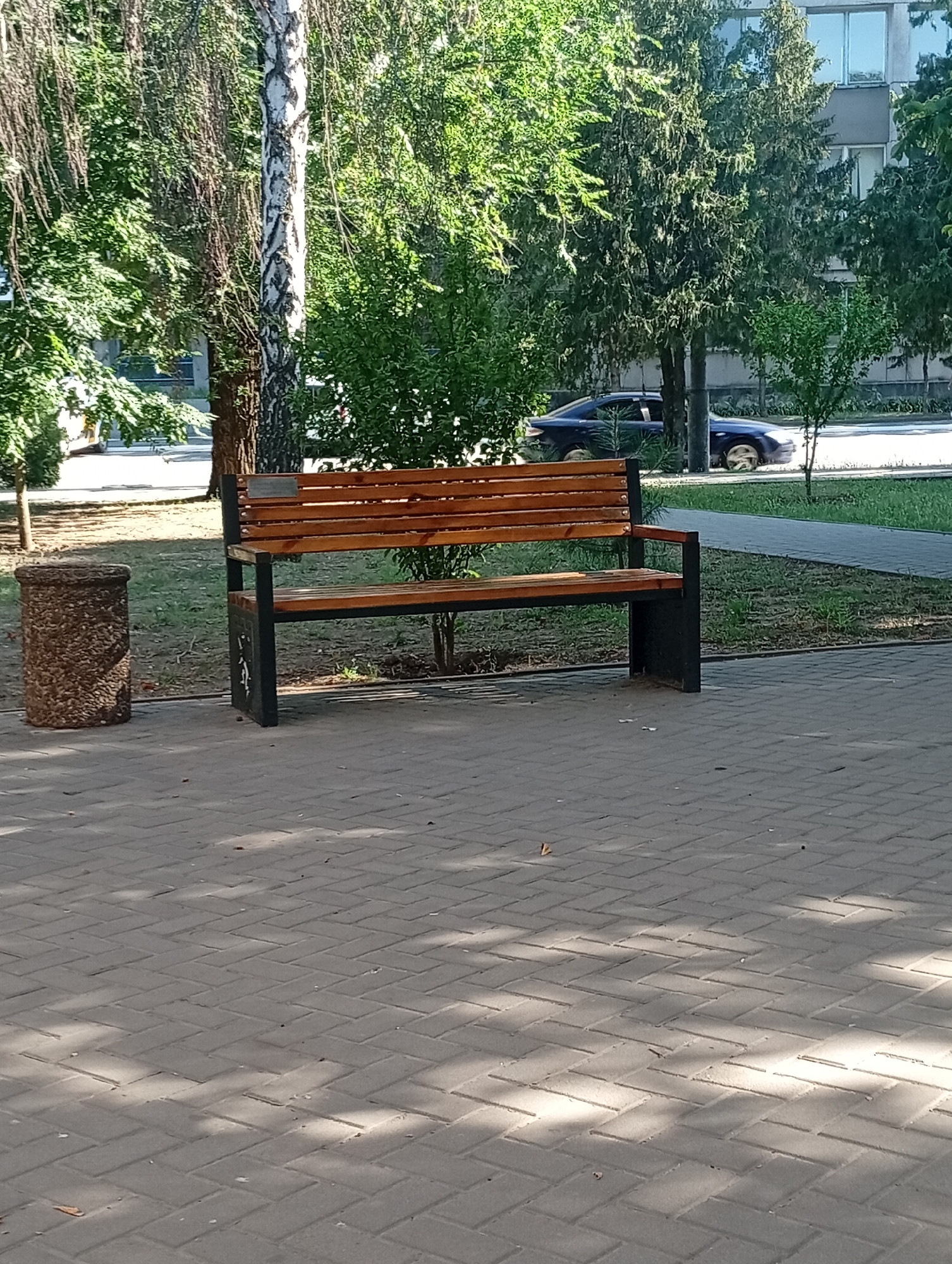 The image depicts a public area in the city of Pokrov, Ukraine, featuring a paved walkway made of interlocking grey bricks. To the left, a cylindrical, rough-textured waste bin stands near a birch tree with distinctive black and white bark. In the center of the frame is a wooden park bench with black metal legs. Behind the bench, a patch of green grass is visible, bordered by a paved path and more trees. Further in the background, a dark sedan is parked on a street adjacent to a building with a grey facade and visible windows. The scene is bathed in sunlight, creating dappled shadows on the ground from the surrounding foliage.