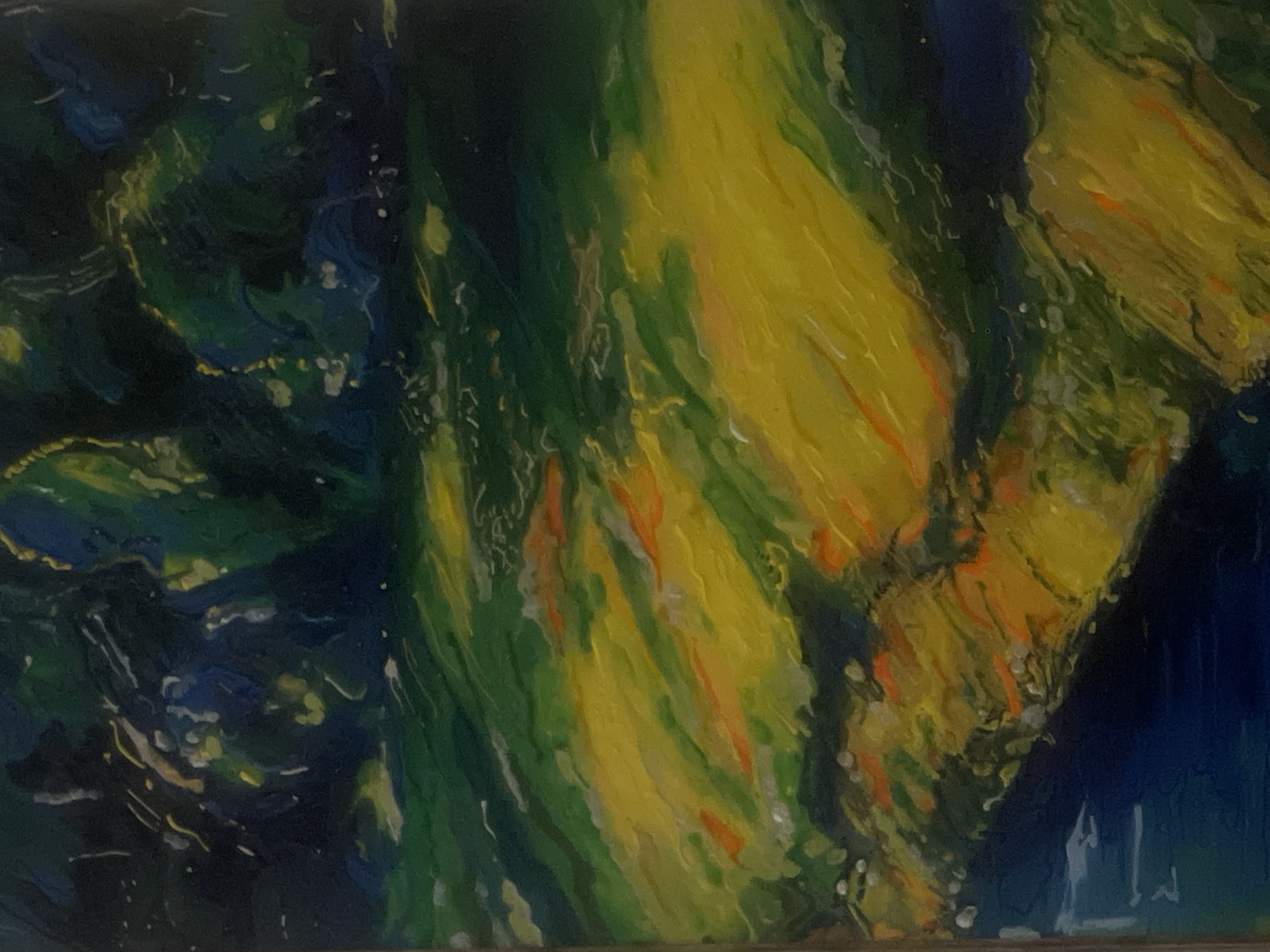 The image is an abstract oil painting depicting a landscape with dark green foliage in the background and a vibrant field of yellow and orange streaks in the foreground. A dark blue body of water is visible along the left edge of the painting. The brushstrokes are thick and textured, giving a sense of movement and light. There are no people, animals, or specific buildings visible. The location in Minsk, Belarus, cannot be determined from the artwork.