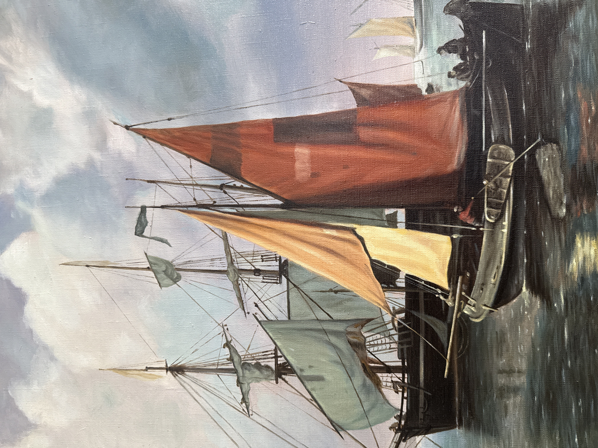 The image is a painting depicting a fleet of sailboats on a body of water. The sky is filled with dramatic clouds in shades of white, grey, and blue, with hints of pink and purple near the horizon.
In the foreground, a dark-hulled sailboat with a bright orange sail is prominently featured. A person is visible in this boat, operating oars. Behind it, another, larger sailboat with a pale green sail is partially obscured. This larger vessel has multiple masts and rigging. Further in the distance, several other sailboats with light-colored sails are visible, some appearing smaller and further away. The water is dark and reflects the sky and the sailboats, with small highlights suggesting ripples and light.
There are no discernible landmarks or architectural elements that would associate this scene with a specific city like Yukki, Russia. The scene appears to be a maritime or harbor setting, but its precise geographical location within Yukki cannot be determined from the image.