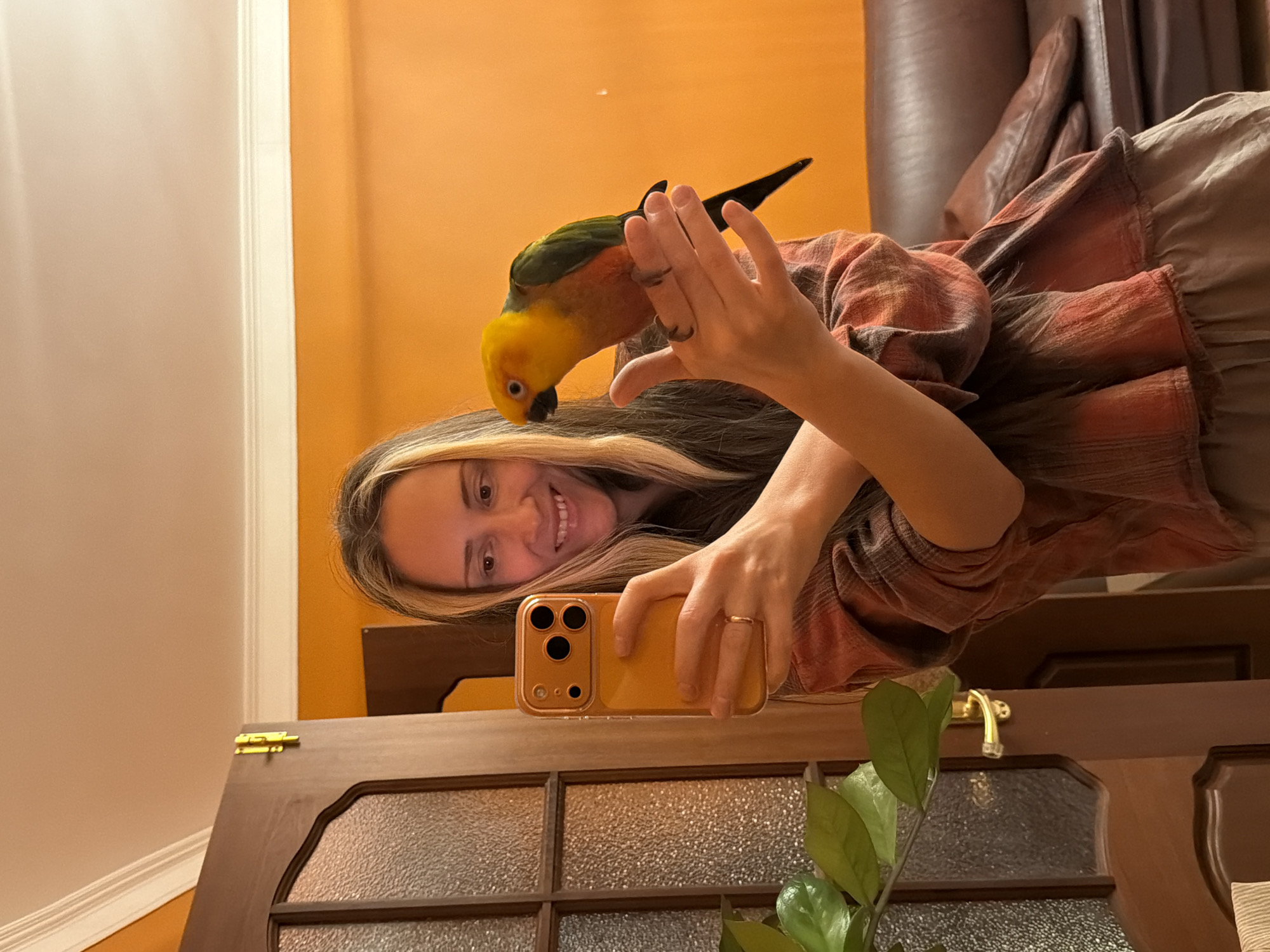 A selfie captures a smiling young woman indoors, holding a smartphone with an orange case and visible triple camera lenses. Perched on her head and highlighted blonde hair is a vibrant sun conure parrot, displaying bright yellow, orange, and green plumage. The woman, wearing a plaid shirt in shades of orange and brown, has a ring on her left ring finger as she holds the phone with both hands.
The background features an orange-painted wall on the right and a white wall with trim on the left. Behind her, part of a brown leather armchair or sofa is visible. In the lower part of the image, a dark wooden door with frosted glass panels and a golden latch is prominent. Green leaves from a houseplant are also visible in the foreground, towards the bottom right. The overall setting appears to be a cozy indoor room. The woman's expression conveys happiness or amusement. No visible text is present in the image. The provided location context is Khimki, Russia, though this is not visually discernible from the image itself.