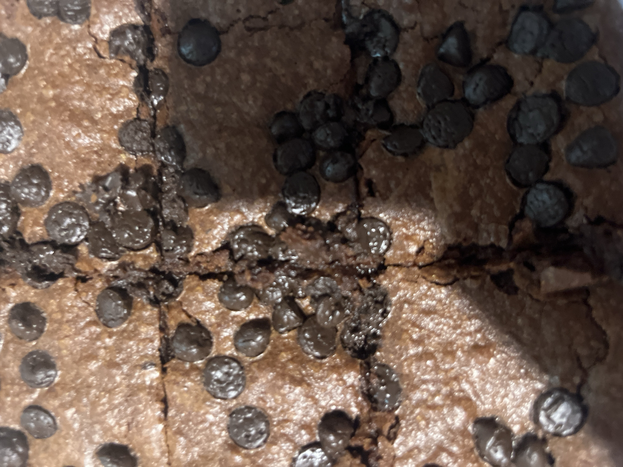 The image is a close-up, overhead view of chocolate chip brownies. The brownies are cut into squares and appear to be freshly baked, with a slightly cracked, moist surface. Chocolate chips are visible throughout the brownies, some partially melted into the batter. The lighting suggests an indoor setting, likely a kitchen. There are no people or any discernible elements that would allow for identification of a specific location in Limassol, Cyprus.