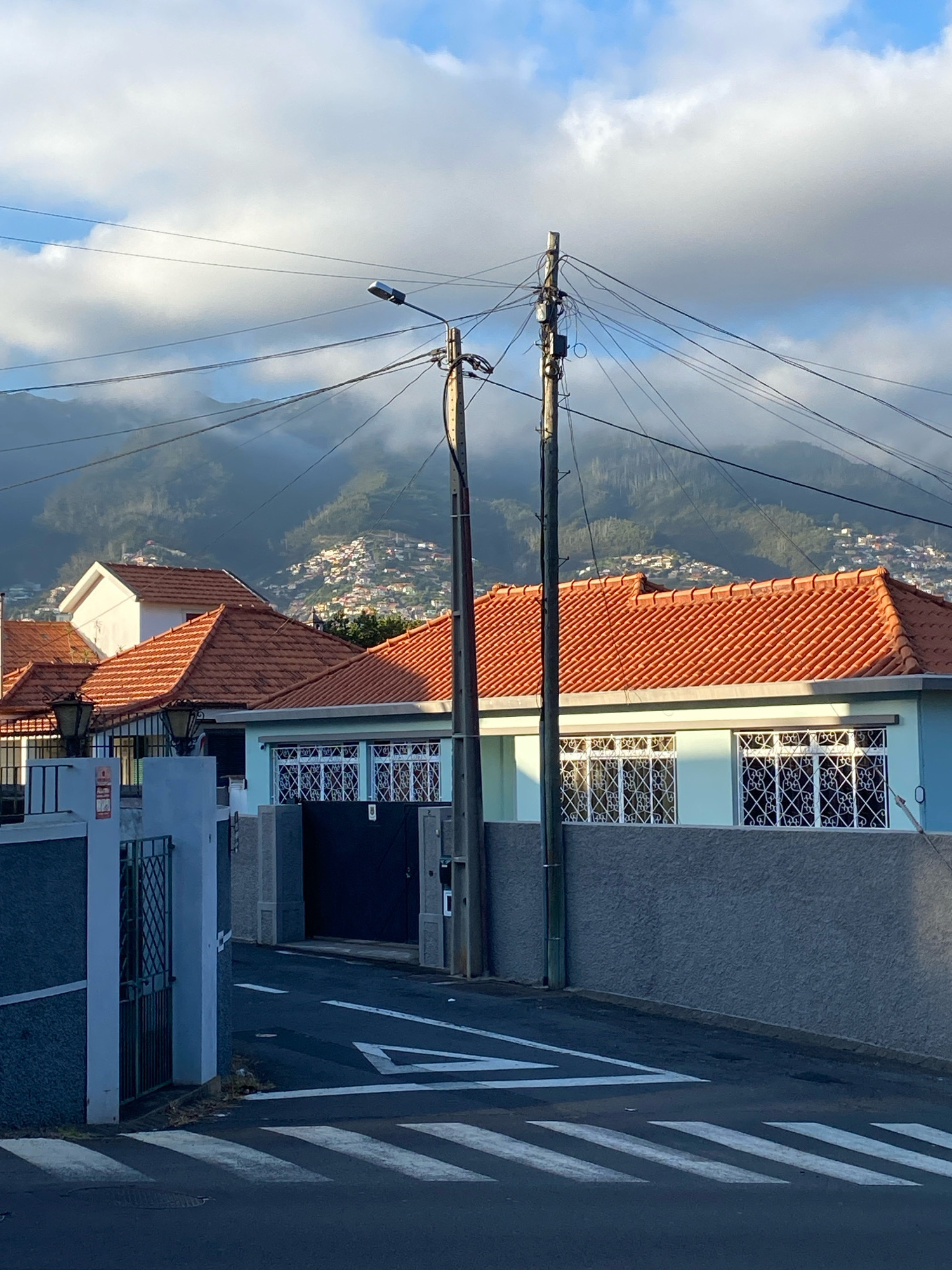 This is a photograph of a residential street in Funchal, Madeira, Portugal, taken on a cloudy day. The street slopes uphill, and the foreground shows a pedestrian crossing painted on the asphalt. To the left of the street is a gray concrete wall with a dark green metal gate and a white pillar. Further back on the left, a white house with an orange tiled roof is visible. On the right side of the street, a light blue house with an orange tiled roof and decorative white window grilles is prominent. A gray concrete wall borders this property. In the background, hills covered with houses and vegetation rise steeply, shrouded in clouds. Two utility poles with numerous wires crisscross the sky, obstructing the view of the distant mountains. The light suggests it is either early morning or late afternoon. There are no people visible in the image.