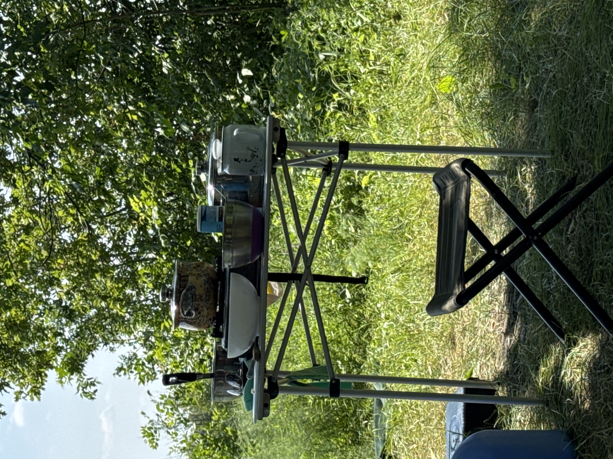 An outdoor camping kitchen setup is depicted, featuring a portable folding table laden with various cooking items. The table holds several pots and bowls, including a patterned pot with a lid on what appears to be a small stove, a large white bowl, a metal bowl with a purple rim, and a light blue mug with a duck design. A black folding stool is positioned in front of the table. The scene is set in a grassy, sun-dappled environment surrounded by lush green trees and foliage, suggesting a natural or park-like setting. The sky is visible in the upper portion of the image, with some clouds. The presence of the portable table and stool indicates a temporary or recreational setup, likely for camping or an outdoor gathering. The scene is consistent with locations found in and around Krasnyi Yar, Russia, which is known for its natural beauty and outdoor recreational opportunities.