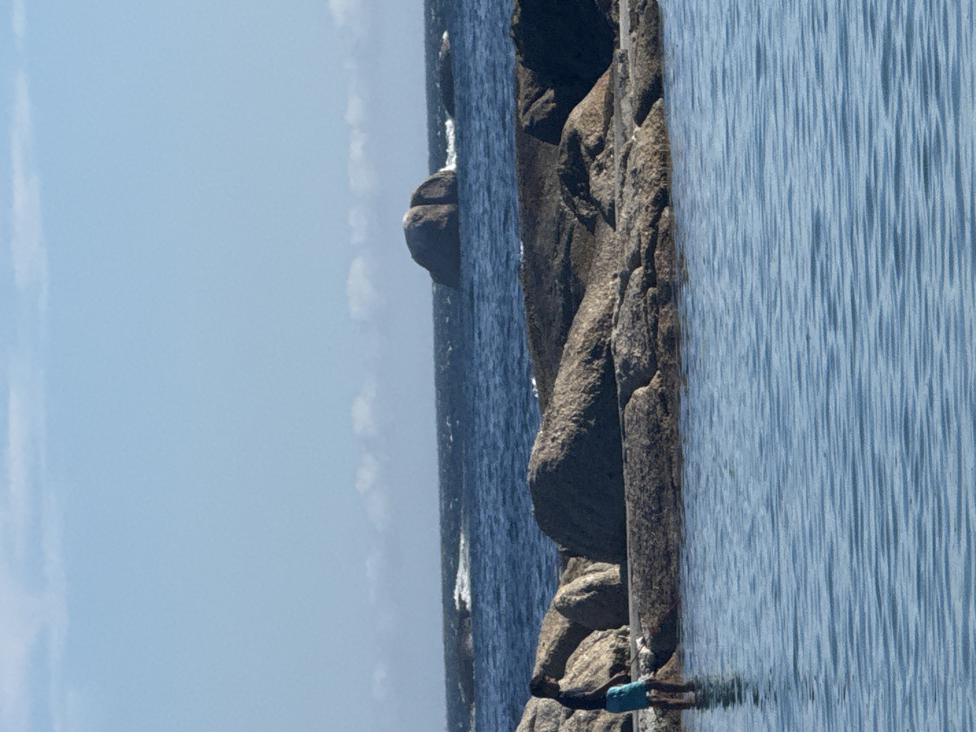 The image shows a rocky coastline next to the ocean under a blue sky with wispy clouds. A person in blue clothing is standing at the edge of the rocks near the water. The exact location within Cape Town, South Africa cannot be determined without additional information or landmarks.