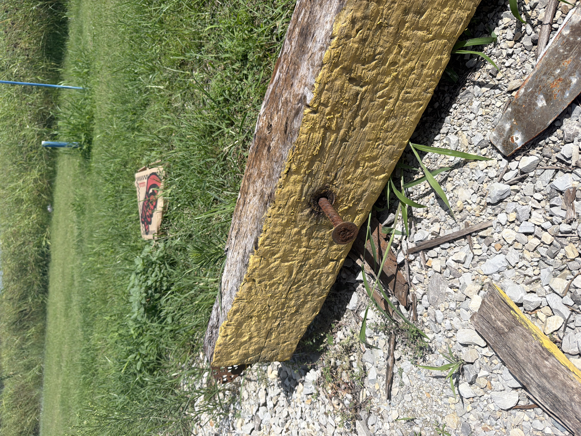 The image depicts an outdoor scene on a sunny day in Cardwell, United States. In the foreground, a weathered, rectangular wooden beam lies on a bed of gravel and scattered debris, including broken pieces of wood and a rusty metal strip. The beam is partially painted yellow, with the paint peeling in places. A single, large rusty nail protrudes from the side of the beam. Behind the beam, a grassy field stretches into the background, with tall weeds and some sparse green foliage. In the mid-ground, a flat, rectangular object with red and black markings lies on the grass. Further in the background, two blue posts are visible amidst the tall grass. The overall environment suggests an unkempt, rural, or semi-rural setting. There are no people or animals visible in the image.