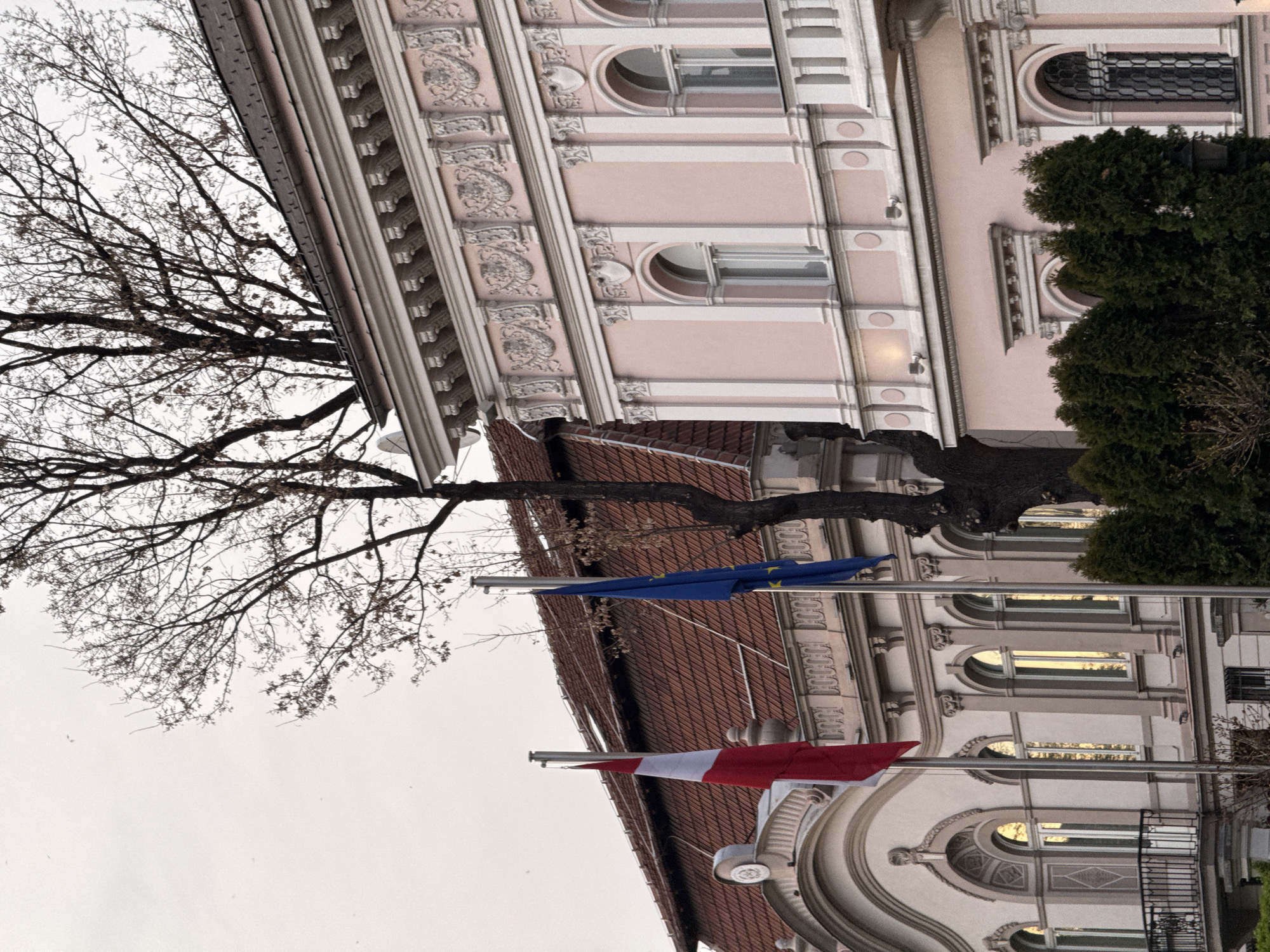 The image depicts a building in Sofia, Bulgaria, with a pink facade and ornate architectural details. Two flags, one red and white (likely the flag of Canada) and another blue with yellow stars (the flag of the European Union), are prominently displayed in front of the building. A bare tree is visible to the left, and a dark green coniferous tree stands to the right. The sky is overcast and gray. The building has arched windows, some with visible internal features. The scene appears to be a formal or governmental setting due to the flag display and architectural style of the building.
