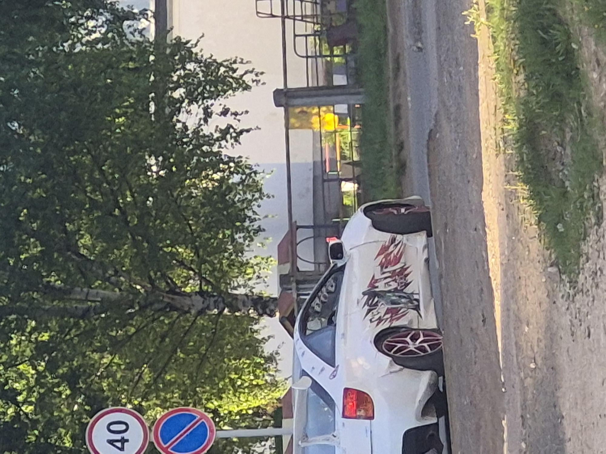 The image depicts a white car parked on the side of a road next to a sidewalk with grass. The car has red rims and a large anime style design on the side. Beside the car, there's a sign post displaying a speed limit sign (40) and a no parking sign. A large tree stands to the left of the sign post. The background shows buildings. The city is unknown.
