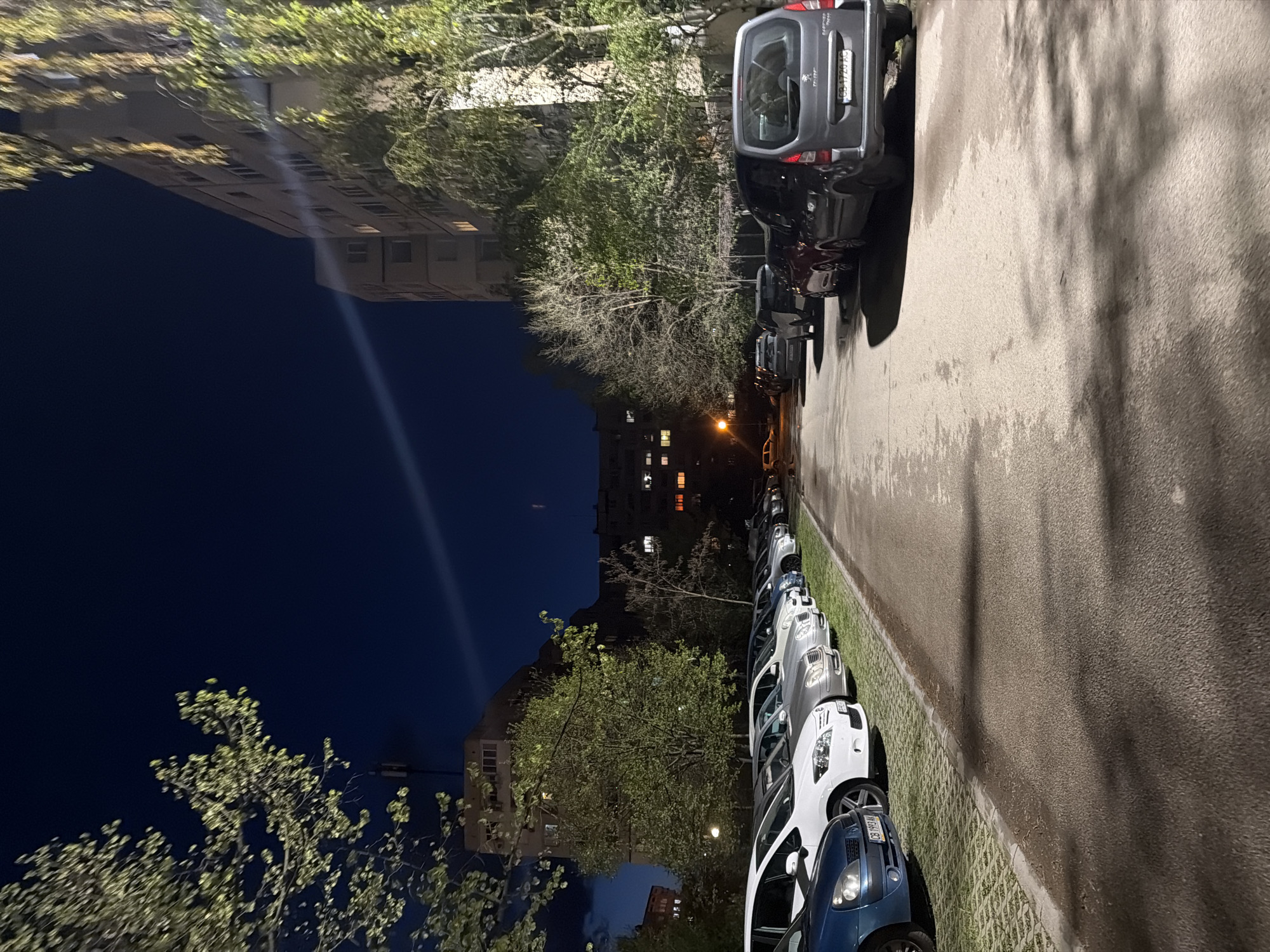 The image depicts a street scene in Sofia, Bulgaria, at night. A row of parked cars lines the right side of the road. The cars are a mix of white, silver, and dark blue. A gray Peugeot van is parked near the top of the frame. A building is visible to the left, with lit windows. Trees with sparse foliage are scattered along the street. The sky is dark blue. The pavement is wet and reflects the ambient light. The street appears to be illuminated by streetlights.