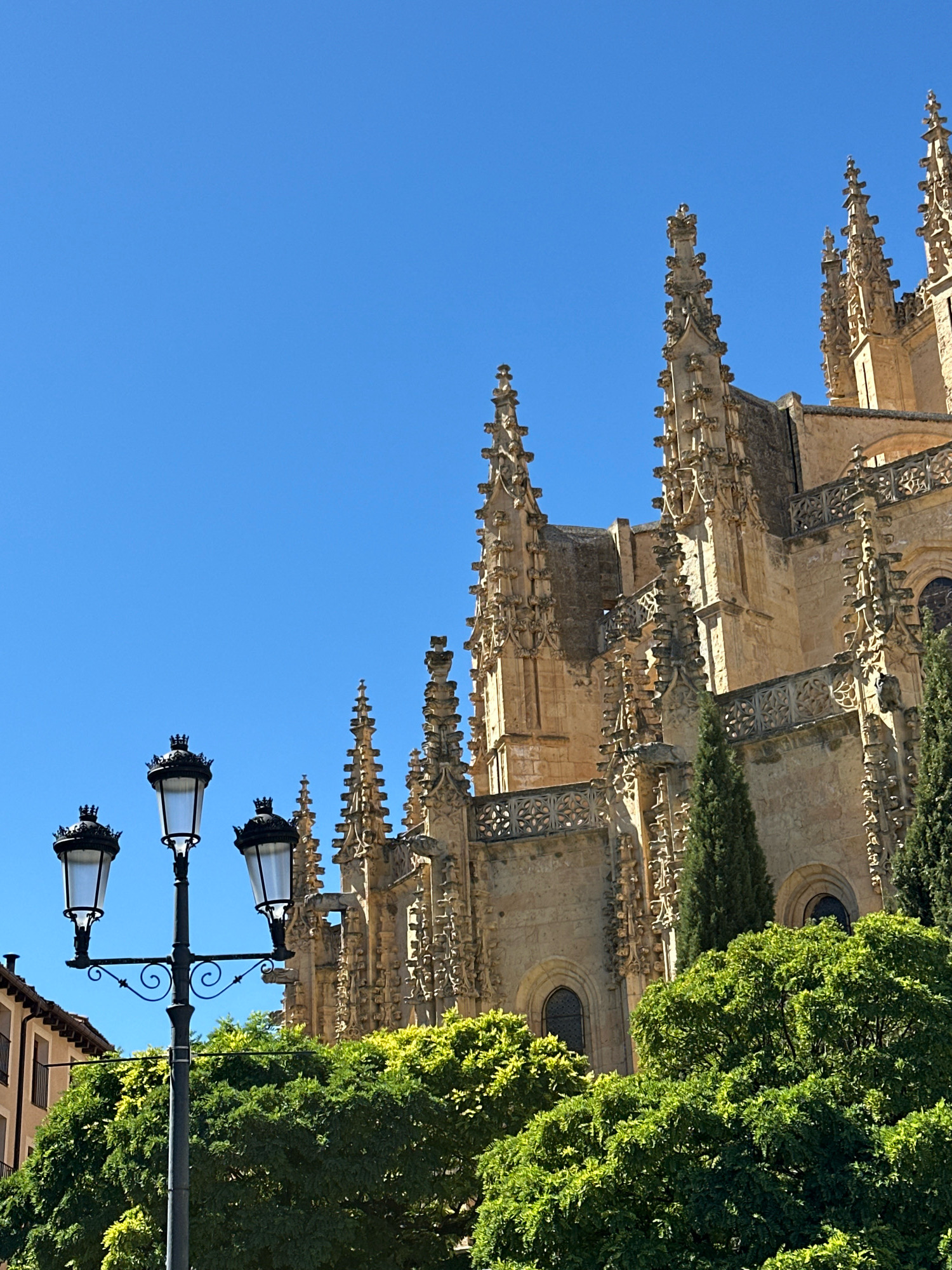 The image shows a detailed view of a Gothic cathedral, likely the Cathedral of Segovia, in La Lastrilla, Spain, under a clear blue sky. The cathedral's facade is adorned with numerous spires, ornate carvings, and intricate stonework, with a prominent balustrade visible on the upper level. In the foreground, a black streetlamp with three lamps, each topped with a decorative crown, stands to the left of the frame. Lush green trees and foliage partially obscure the lower section of the cathedral and a building with balconies to the far left. The perspective is from a low angle, looking upwards towards the majestic architecture.