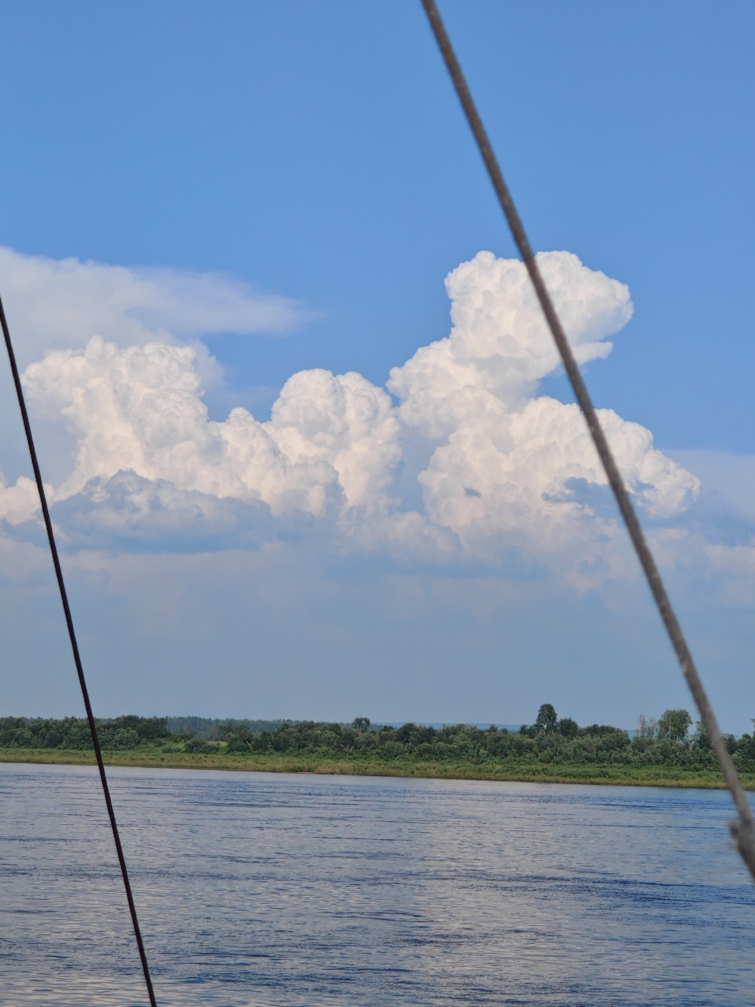 A wide, blue river flows from left to right in the foreground, with ripples on its surface. The riverbank is lined with a dense, green forest. Above the treeline, large, white cumulus clouds fill the bright blue sky. Two dark ropes are visible in the foreground, angled from the bottom left and top right corners of the image, suggesting the perspective is from a boat. The scene is a natural landscape, likely a river in a rural area.