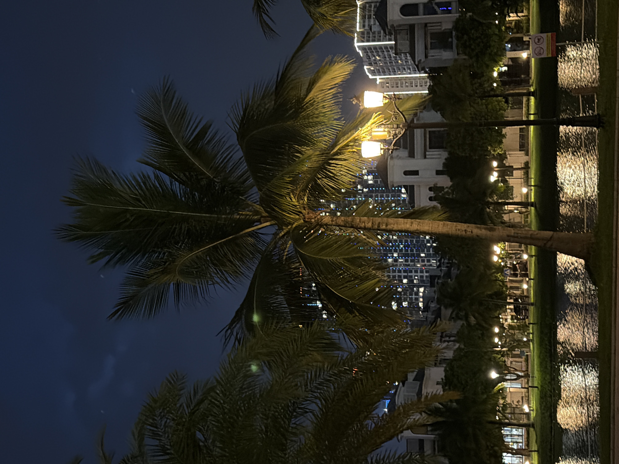 A nighttime view of a waterfront area in Hanoi, Vietnam, featuring palm trees, a lamppost, and buildings. The sky is dark blue with some faint clouds. The water in the foreground reflects the lights of the city. In the background, there are several modern buildings with illuminated windows, suggesting an urban environment. A vintage-style lamppost with two illuminated lamps stands prominently in the middle ground. Several other smaller lights are visible along the pathway. The image captures a serene, urban night scene with lush vegetation.
