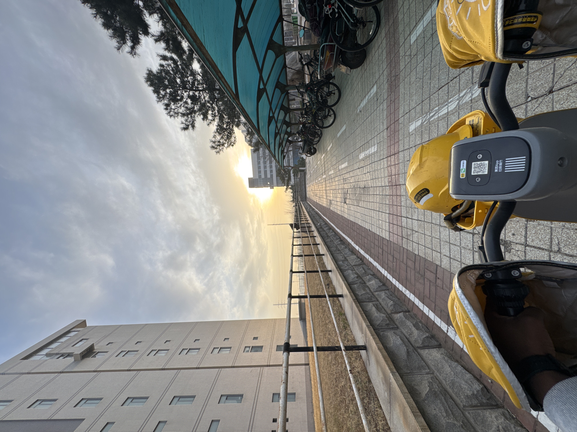 The image shows a sunny outdoor scene in Zhongtun, China. A row of bicycles is parked under a green canopy. The photo is taken from the perspective of someone riding a yellow bicycle, with a yellow front basket visible. The ground is covered in light gray paving stones with red brick stripes. To the left, a large white building with many windows stands along a grassy embankment with a dark stone wall. A thin metal fence runs along the top of the wall. In the distance, the sun is setting over the street. The sky is filled with clouds. A black electronic device with a QR code is attached to the bicycle's handlebars.