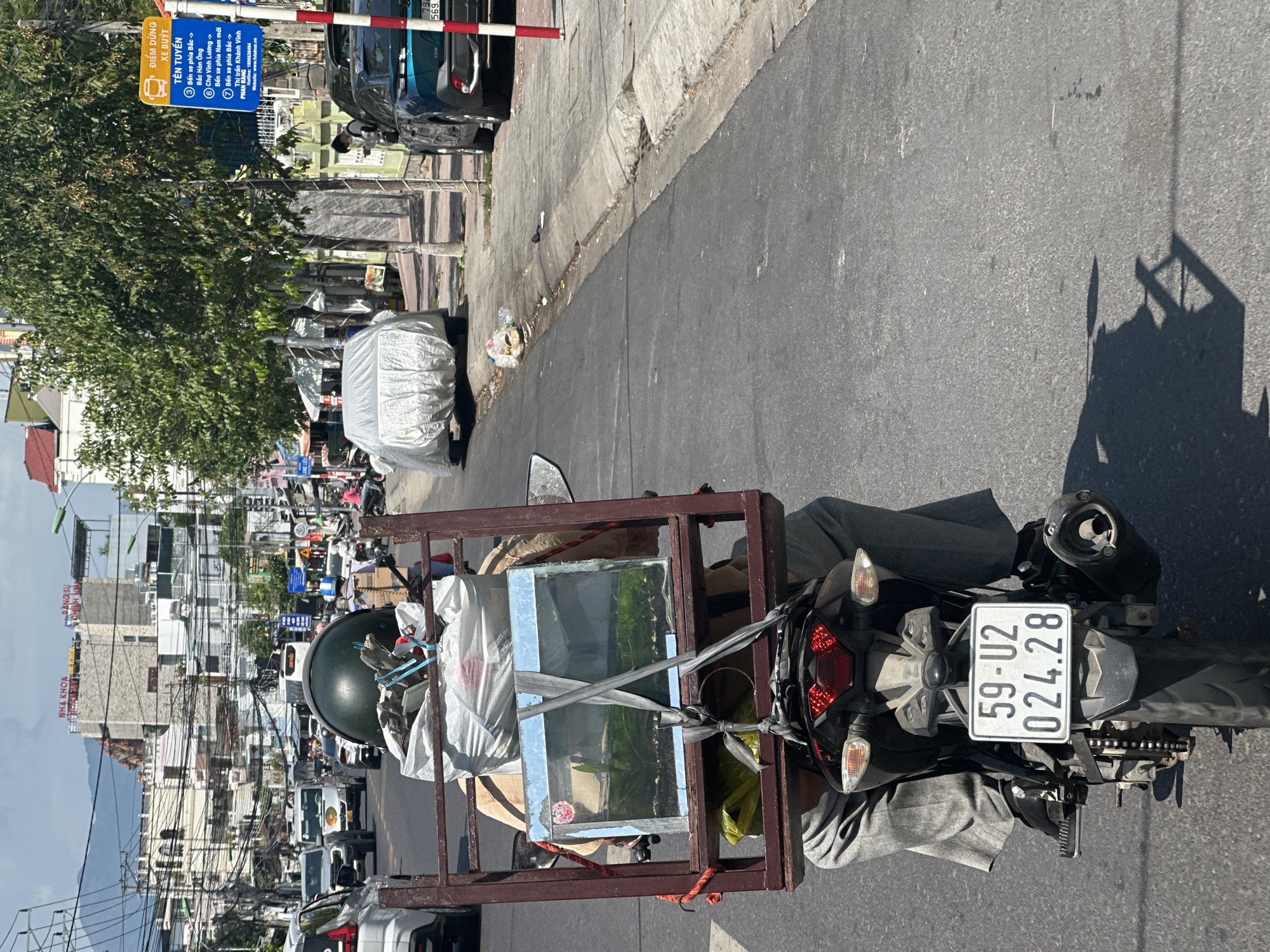 In Bac Nha Trang Ward, Vietnam, a person on a motorcycle is transporting a small aquarium. The motorcycle is traveling on a paved street. The person is wearing a helmet and casual clothing. The aquarium is secured to a wooden rack on the back of the motorcycle. The aquarium appears to contain water and plants, suggesting it might be for fish or other aquatic life. The street is lined with buildings and trees, indicating an urban or suburban environment. Traffic is present, with other vehicles and motorcycles visible in the background. The weather appears to be clear and sunny, casting shadows on the street. A bus stop sign is visible on the right side of the image.