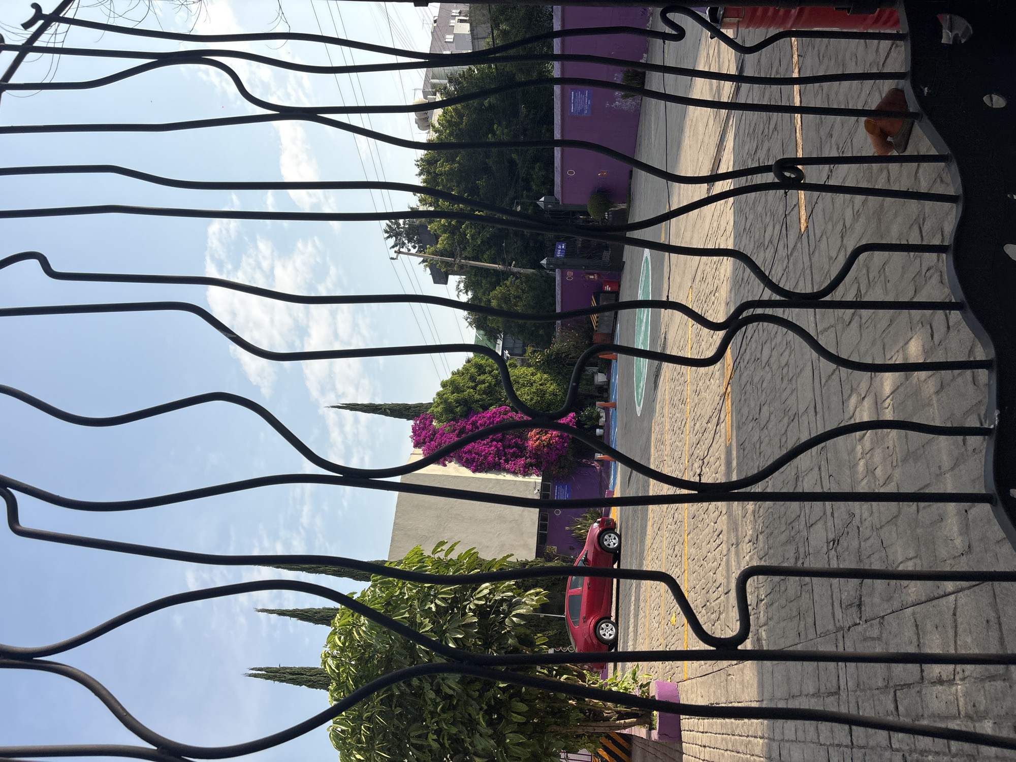 The image, taken through a wrought iron fence, depicts a street scene in Mexico City. A red car is parked near a building with purple walls. Trees with purple flowers are also visible. The sky is blue with some clouds. The ground is paved with cobblestones or similar material. Power lines are present in the background.