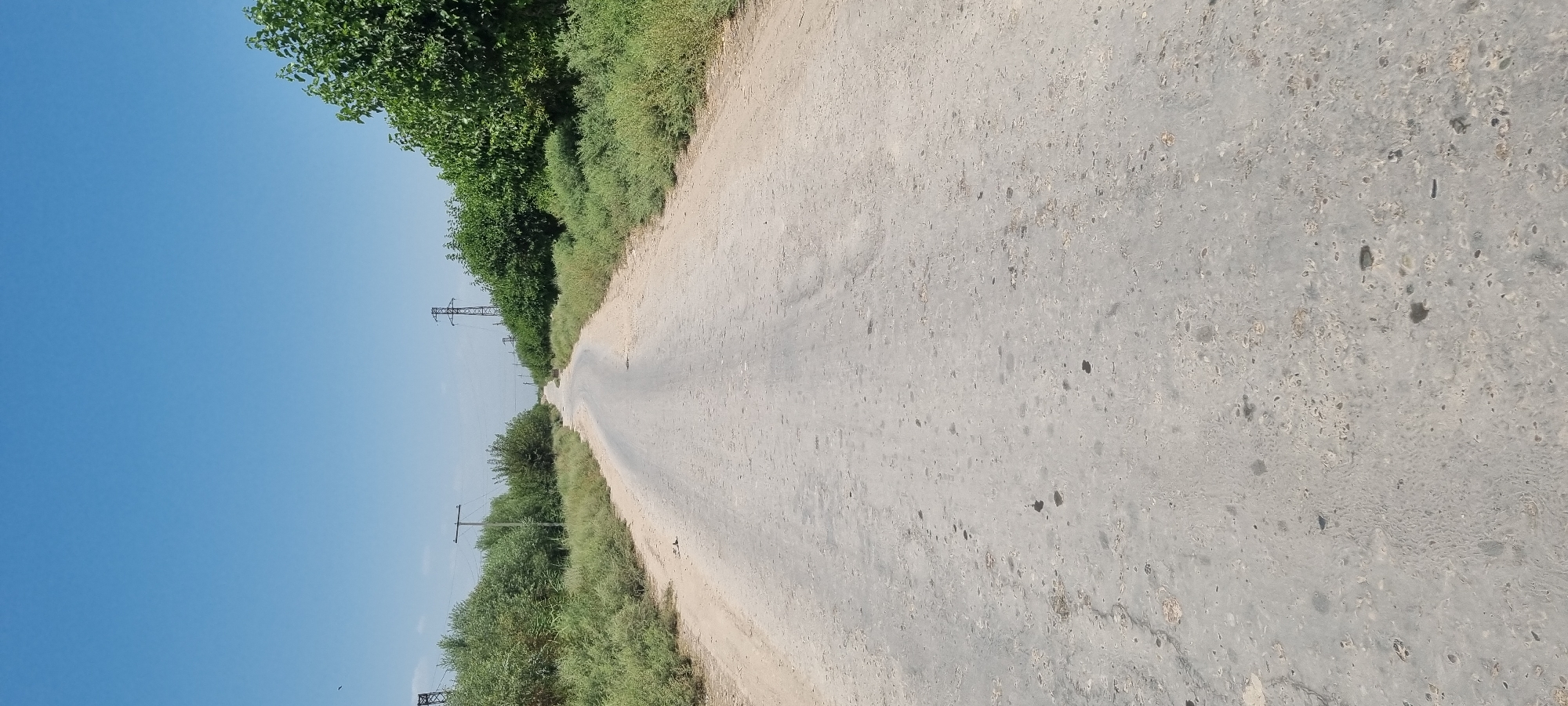 A paved, rural road stretches into the distance, curving gently to the left. The road surface is a light gray asphalt, showing signs of wear with scattered dark patches and a somewhat rough texture. On either side of the road, dense green bushes and trees line the way. Tall, thin utility poles with wires are visible intermittently along the sides of the road, some with large lattice-like structures suggesting power transmission towers further back. The sky above is a clear, bright blue with no clouds. The scene depicts a sunny day in a rural area outside of the city of Khavaskor, Tajikistan.