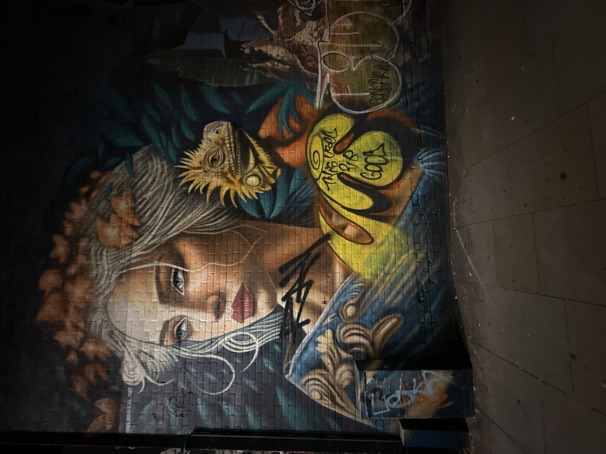 The image depicts a mural on a brick wall, likely located in an urban area. The mural features a portrait of a woman with light hair and blue eyes, adorned with a lizard-like creature on her head. There's also graffiti overlayed on the mural, including yellow and brown circular shapes with illegible words. The surrounding environment includes a dark, potentially enclosed space, suggesting the mural is located in a tunnel or alleyway. The wall surface is brick, which adds to the urban street art context. This image can be found in Leake Street, Waterloo, London, United Kingdom.