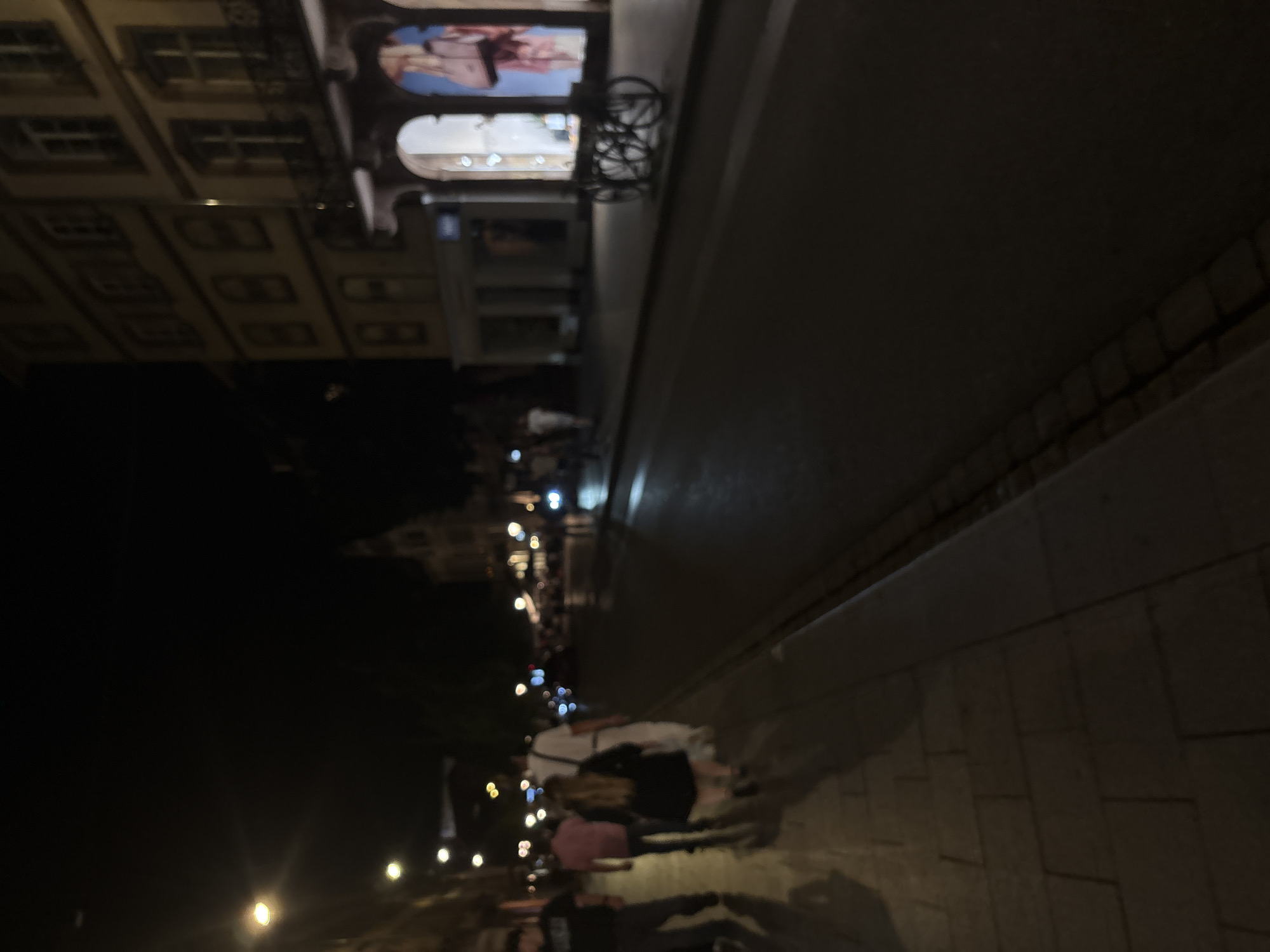 The image shows a street scene at night in Strasbourg, France. A sidewalk is visible on the left, paved with rectangular stones, with a stone curb separating it from the street. Several people are walking on the sidewalk, appearing to be in motion. The person closest to the camera on the sidewalk is a woman with long, blonde hair, wearing a dark dress. To her left is a man in a white shirt and to the left of him is a man in a pink shirt. Further down the sidewalk, other figures are visible, blurred by motion and low light.
On the right side of the street, a multi-story building with arched windows and balconies is visible. One window displays a mannequin with a pink purse. In front of the building, a bicycle rack with at least three bicycles is parked. The street itself is dark and appears to be wet, reflecting the lights from street lamps and the building. The overall atmosphere is that of a typical evening in a European city.