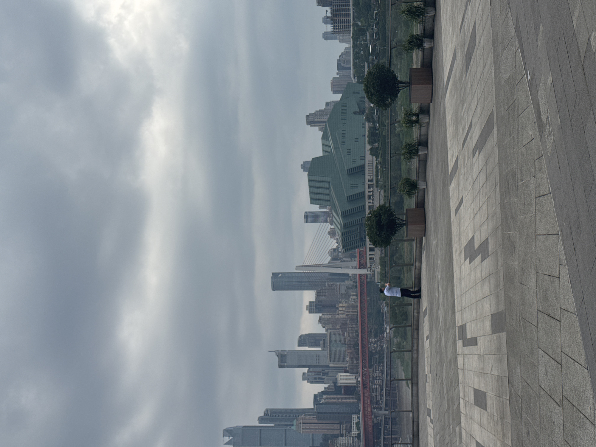 The image captures a skyline view in Nan'an District, China, under a cloudy sky. A person stands on a tiled platform, looking out at the city. The cityscape features a mix of modern high-rise buildings and a unique green architectural structure. A bridge is visible in the middle ground. Potted plants line the edge of the platform. The overall impression is urban and slightly overcast.