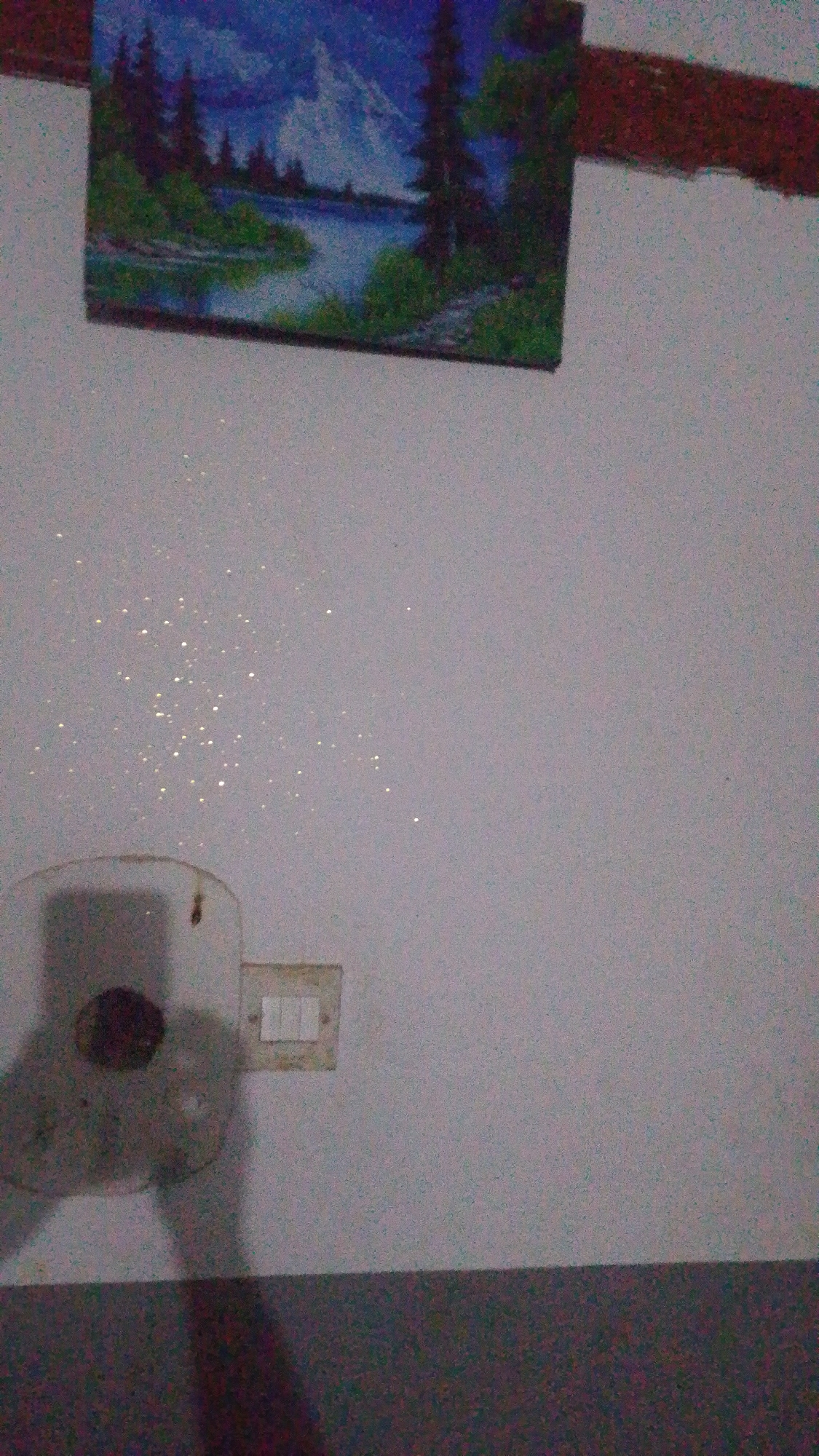 A landscape painting of a lake and mountains hangs on a white wall. Below the painting, a light switch is mounted on the wall. To the left of the light switch, a white circular object with a dark center is visible. Scattered across the wall are numerous small, bright specks, possibly glitter or dust. The bottom of the image shows a dark gray surface, possibly a floor or table.