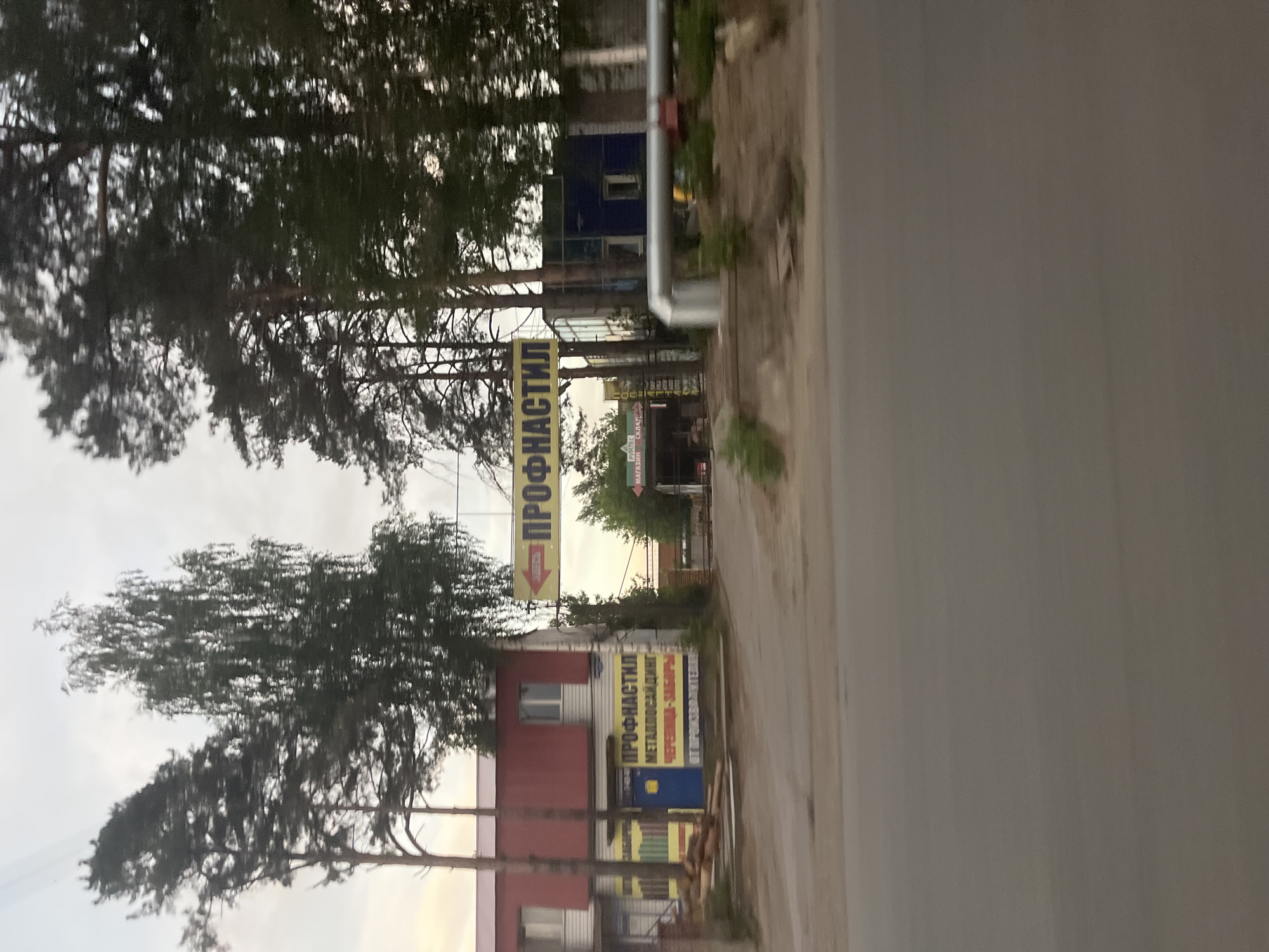 The image depicts a street scene in Chaikovsky, Russia. A road runs along the right side of the frame. Alongside the road, there are several buildings and signs in Russian. One prominent sign reads "ПРОФНАСТИЛ" (Profnastil), indicating the presence of a business related to roofing or construction materials. Trees are visible along the roadside, partially obscuring the buildings and signs. The sky appears overcast. No people are visible in the image.
