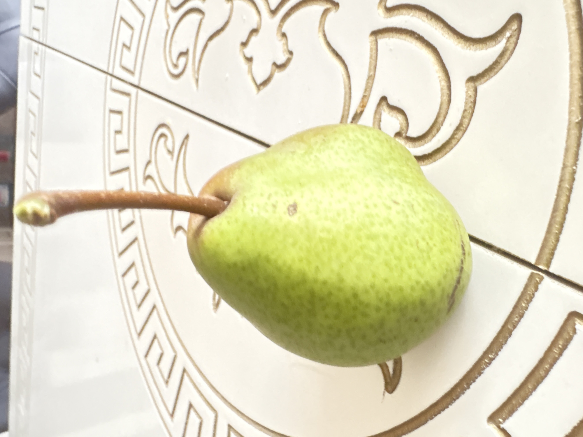 A close-up, overhead shot shows a single, green pear with a brown stem resting on a white surface with a decorative gold border and pattern. The surface is divided by thin, dark lines, suggesting it is tiled. The pear is positioned slightly off-center, with its stem pointing upwards. The lighting is bright, casting minimal shadows. The background is blurred, with hints of a light blue object at the top. There are no people or animals visible in the image. The location of Georgiyevsk, Russia is not depicted in this image.