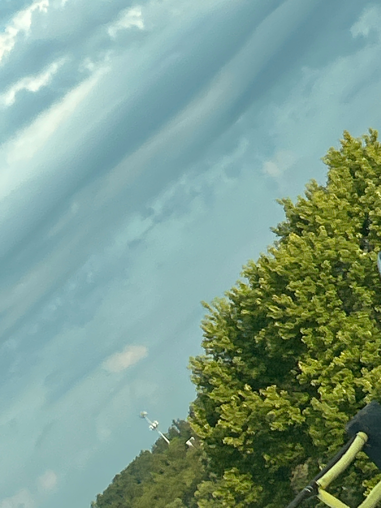The image depicts a view of the sky with clouds, a tree, and a distant tower. The sky is a mottled blue-gray, with streaks of white clouds. The tree, located in the lower right portion of the image, is lush and green, with many leaves. A tall, white tower with lights is visible in the distance, rising from a tree-covered hill. The overall impression is one of an outdoor scene on a cloudy day. The image is oriented with the top of the frame pointing upwards and to the left, as if taken from a low angle looking upwards.