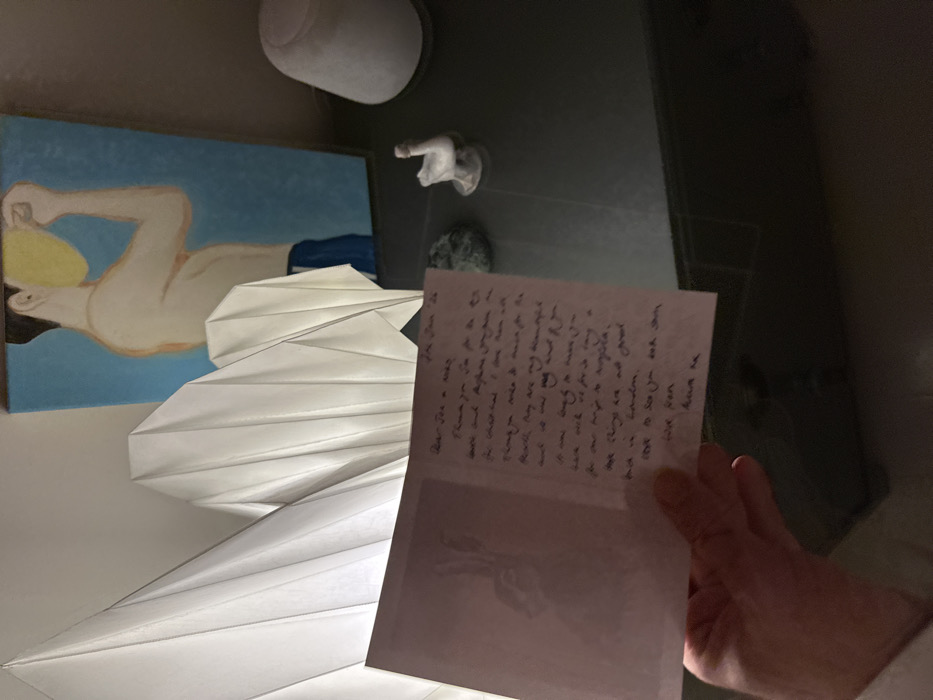The image shows a hand holding a greeting card with handwriting. The card is partially obscuring a white origami sculpture. To the left, there's a framed painting of a person reclining against a blue background. In the upper part of the shot, there is a white cylindrical object and a hand pointing to the painting. The scene is dimly lit.