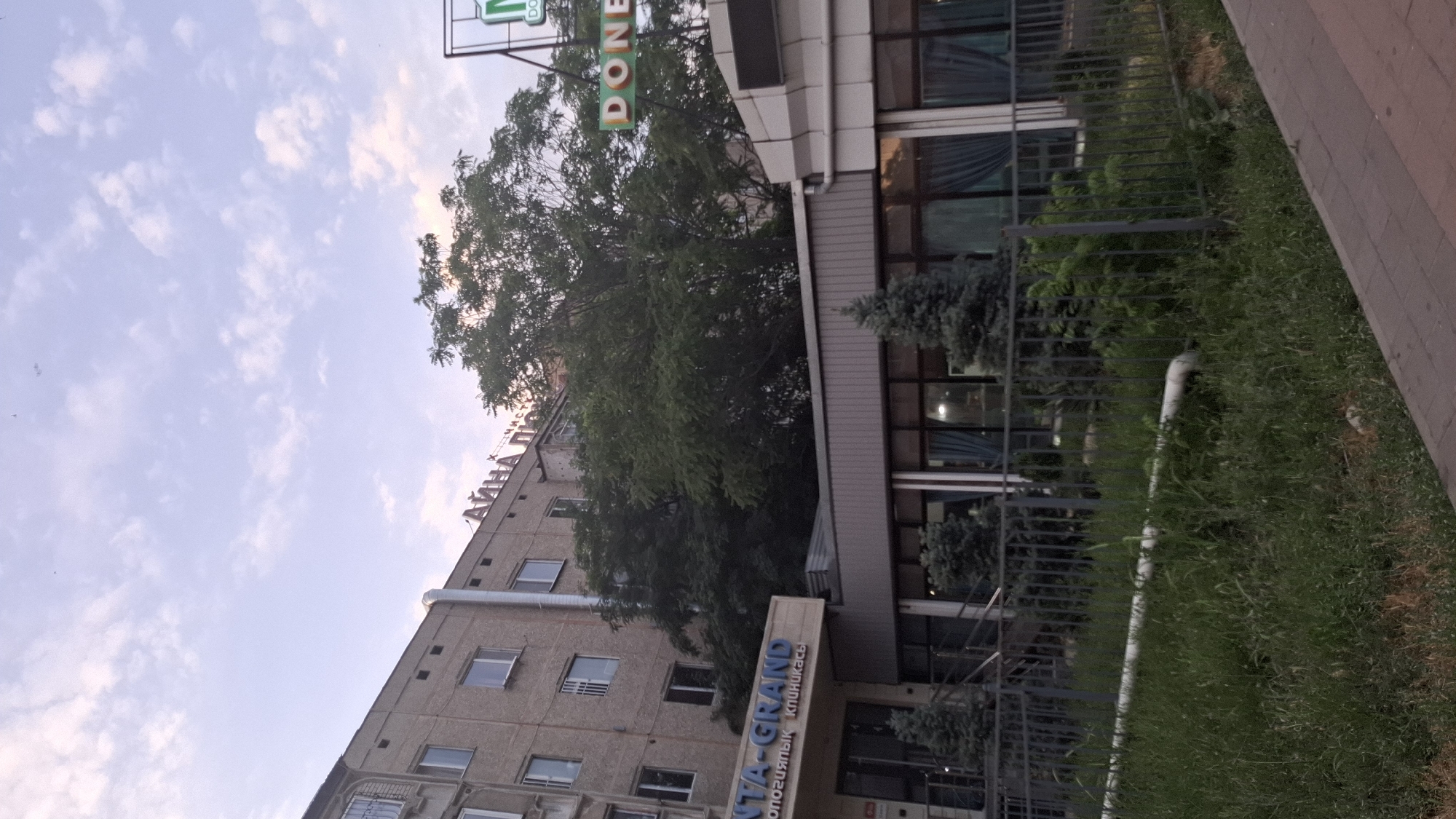The image captures a street view in Shymkent, Kazakhstan, with a multi-story building dominating the scene. The building's facade is a neutral beige color, punctuated by rows of windows, some with protective bars. A prominent sign with the words "ANTA-GRAND" in blue lettering is visible on the lower part of the building, below which are Cyrillic characters. Above the "ANTA-GRAND" sign, another set of signs in Cyrillic script are present. A large tree with dense green foliage stands in front of the building, partially obscuring it. To the right, a sign with the word "DONE" in illuminated letters is mounted. The foreground features a metal fence running horizontally, separating a patch of overgrown grass and weeds from a paved sidewalk. The sky above is partly cloudy with a soft, diffused light.