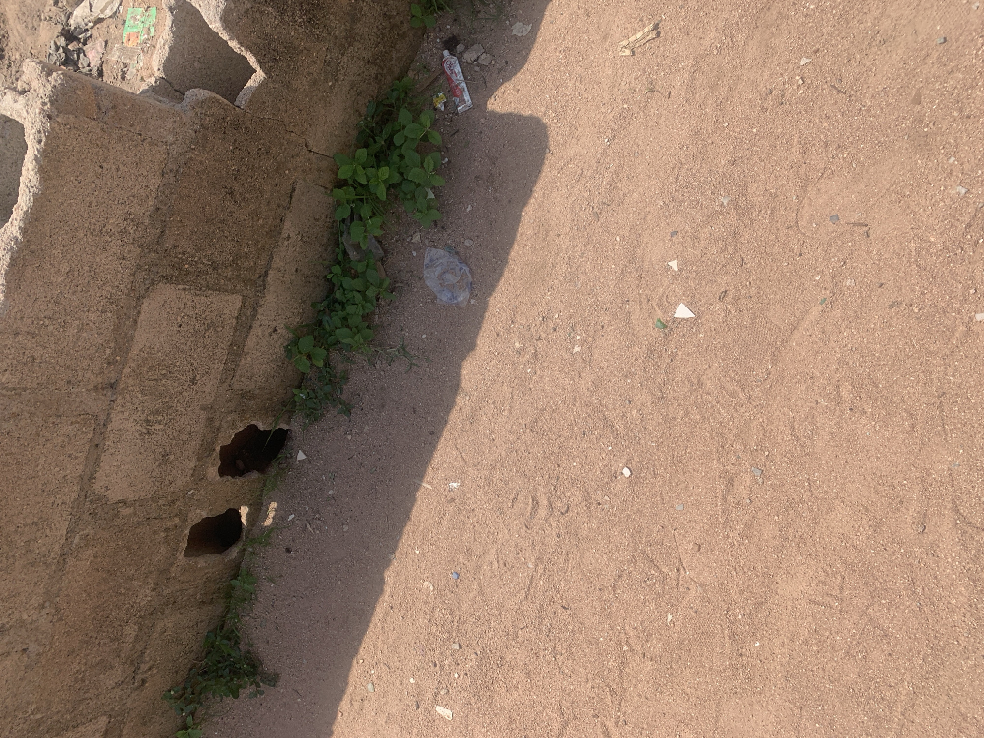 This is a close-up, overhead shot of a sandy ground next to a rough, weathered concrete structure. The concrete wall on the left has two dark, irregular openings or holes. Small, green plants are growing along the base of the wall. The sandy ground is mostly bare, with scattered small pieces of debris, including white and grey fragments, a clear plastic bag, and a crumpled white and red tube that appears to be a discarded cosmetic product, possibly toothpaste, with some text visible. A shadow falls diagonally across the sandy area from the upper left to the lower right, suggesting it is daytime. The scene appears to be outdoors in an unkempt area.