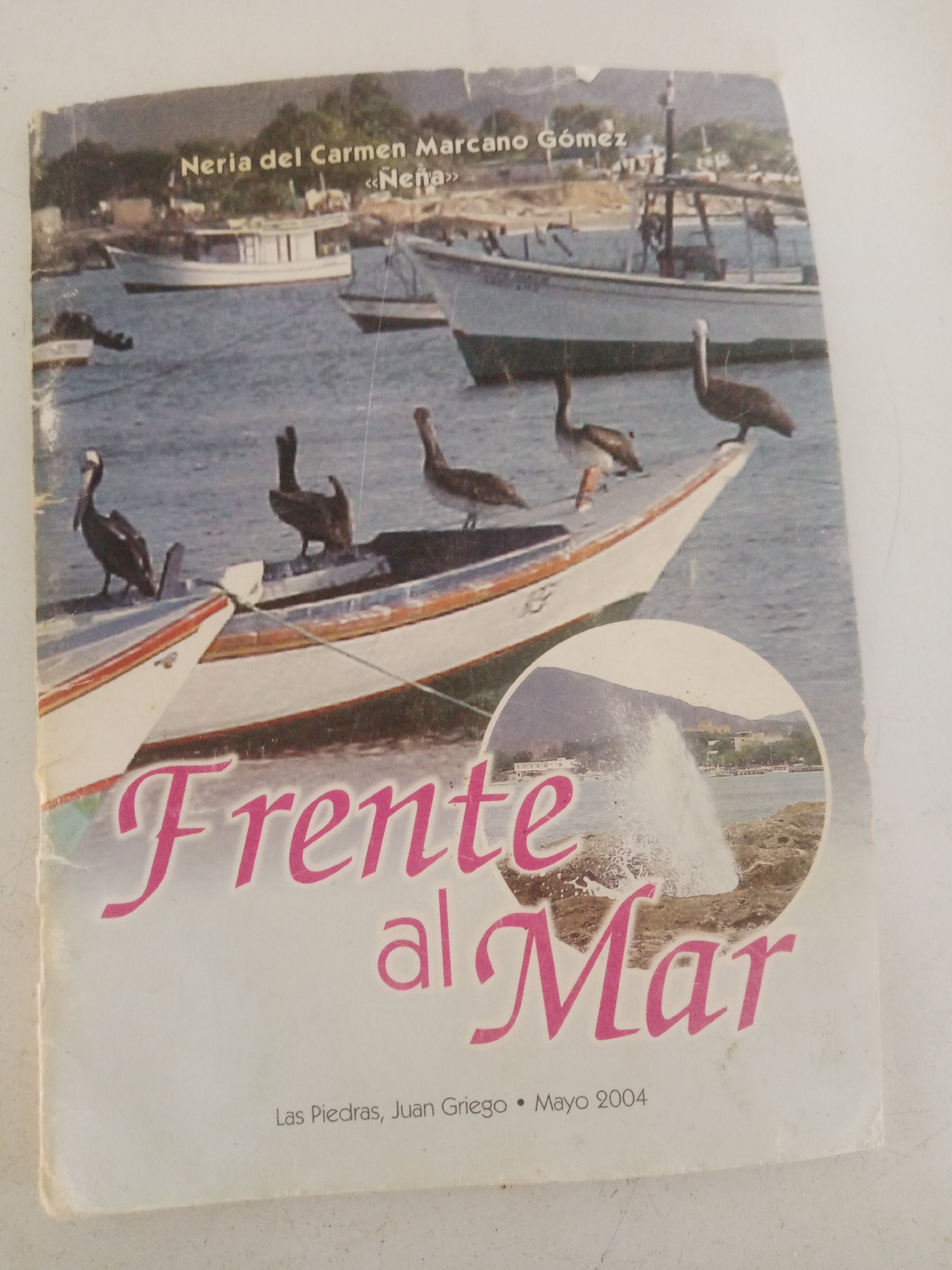 This is a photograph of a book cover with a scenic image of a body of water with several boats and pelicans. The text on the cover reads "Neria del Carmen Marcano Gómez <<Niña>> Frente al Mar Las Piedras, Juan Griego • Mayo 2004". The image appears to be from La Tagua, Venezuela. The scene depicts a serene coastal environment with several fishing boats docked in the water. Pelicans are perched on the boats, adding to the natural beauty of the scene. The text at the bottom of the cover indicates the location as Las Piedras, Juan Griego, and the date as May 2004. The overall impression is one of a peaceful, sun-drenched coastal town.