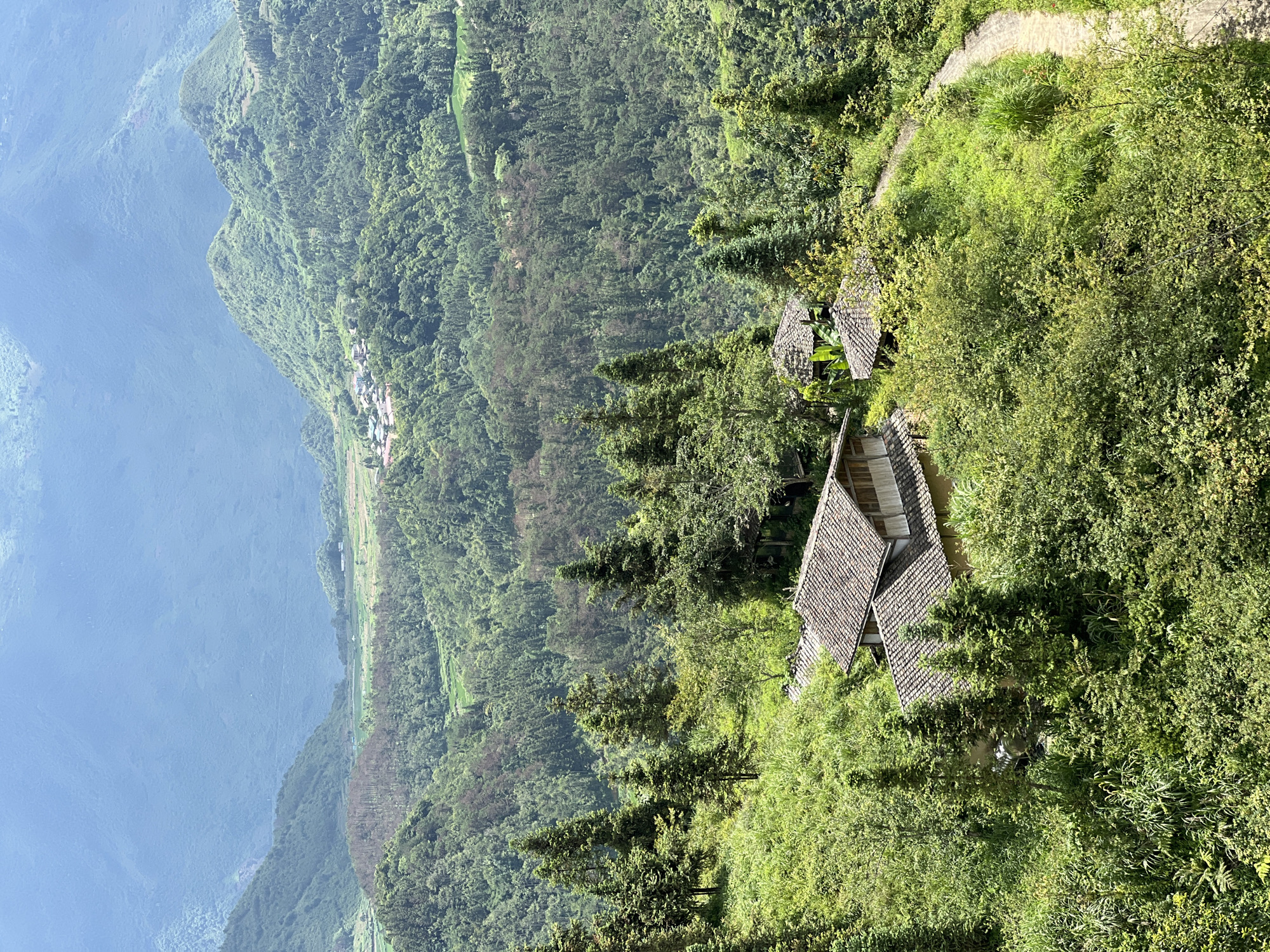 The image depicts a mountainous landscape in Quản Bạ Commune, Vietnam. In the foreground, traditional Vietnamese houses with tiled roofs are nestled amongst lush green vegetation and tall conifer trees. A winding dirt path is visible to the right, leading through the greenery. In the mid-ground, more dense forest covers the rolling hills, with patches of trees showing signs of dryness. Further in the distance, a valley unfolds with a small village of buildings visible, surrounded by agricultural fields. The background is dominated by hazy, blue-hued mountains, characteristic of the karst landscape of the region. The overall impression is one of a serene, rural environment.