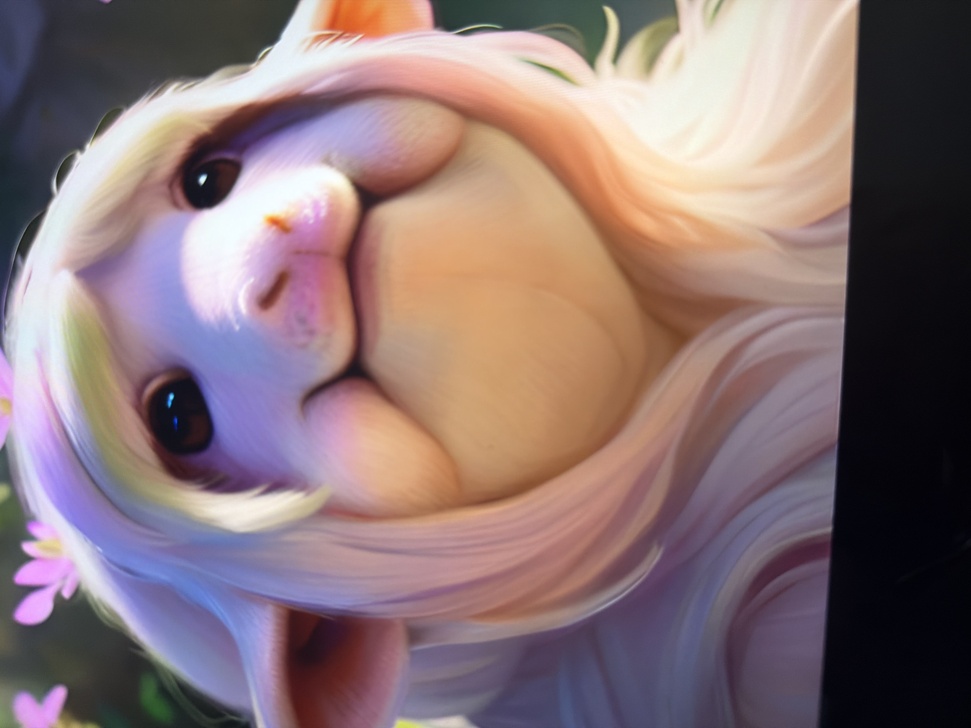 The image shows a close-up of a stylized, animated sheep-like creature with large, dark eyes and soft, multi-colored wool. The creature has a round face with rosy cheeks and a slightly open mouth, revealing a hint of its tongue. Pink and purple flowers are visible in the background, suggesting a whimsical or natural setting. The overall impression is one of gentleness and innocence. There is no information in the image to indicate a location in Kyiv, Ukraine.