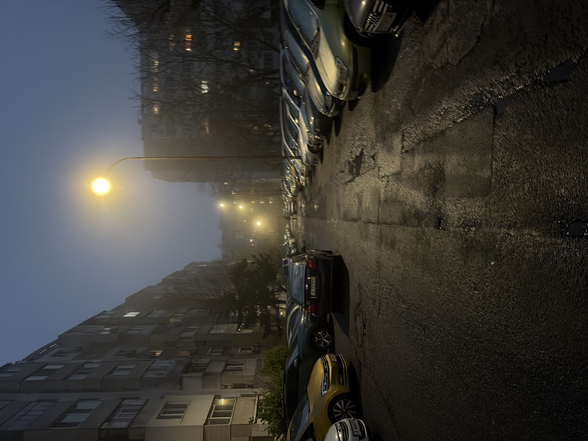 The image captures a street scene in Burgas, Bulgaria, at dusk or dawn, with heavy fog obscuring distant buildings. A row of parked cars lines the right side of the street, reflecting the streetlights on the wet asphalt. The buildings on the left are multi-story residential apartments with visible windows. Streetlights illuminate the scene, their glow diffused by the fog. The overall atmosphere is muted and overcast. There are no visible people in the frame.