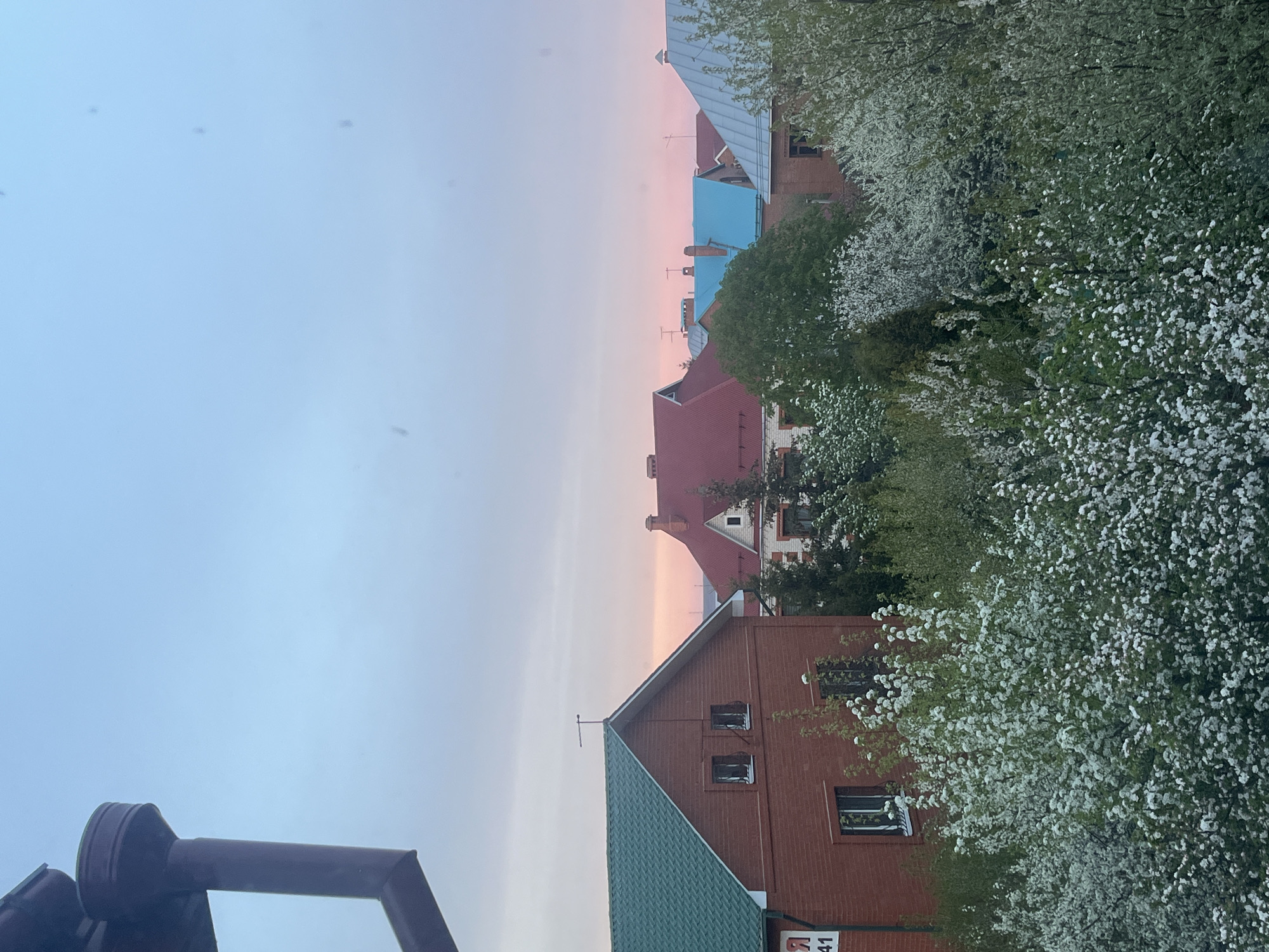 The image depicts a residential area at twilight in Ulyanovsk, Russia. In the foreground, the corner of a brick building with a green roof is partially visible. Further away, a row of houses with roofs of varying colors (red, blue, grey) line the street. Blooming white trees flank the houses, partially obscuring them. The sky transitions from a soft blue to pink. A streetlight or lamp post is visible in the lower left corner. No people are visible in the image.