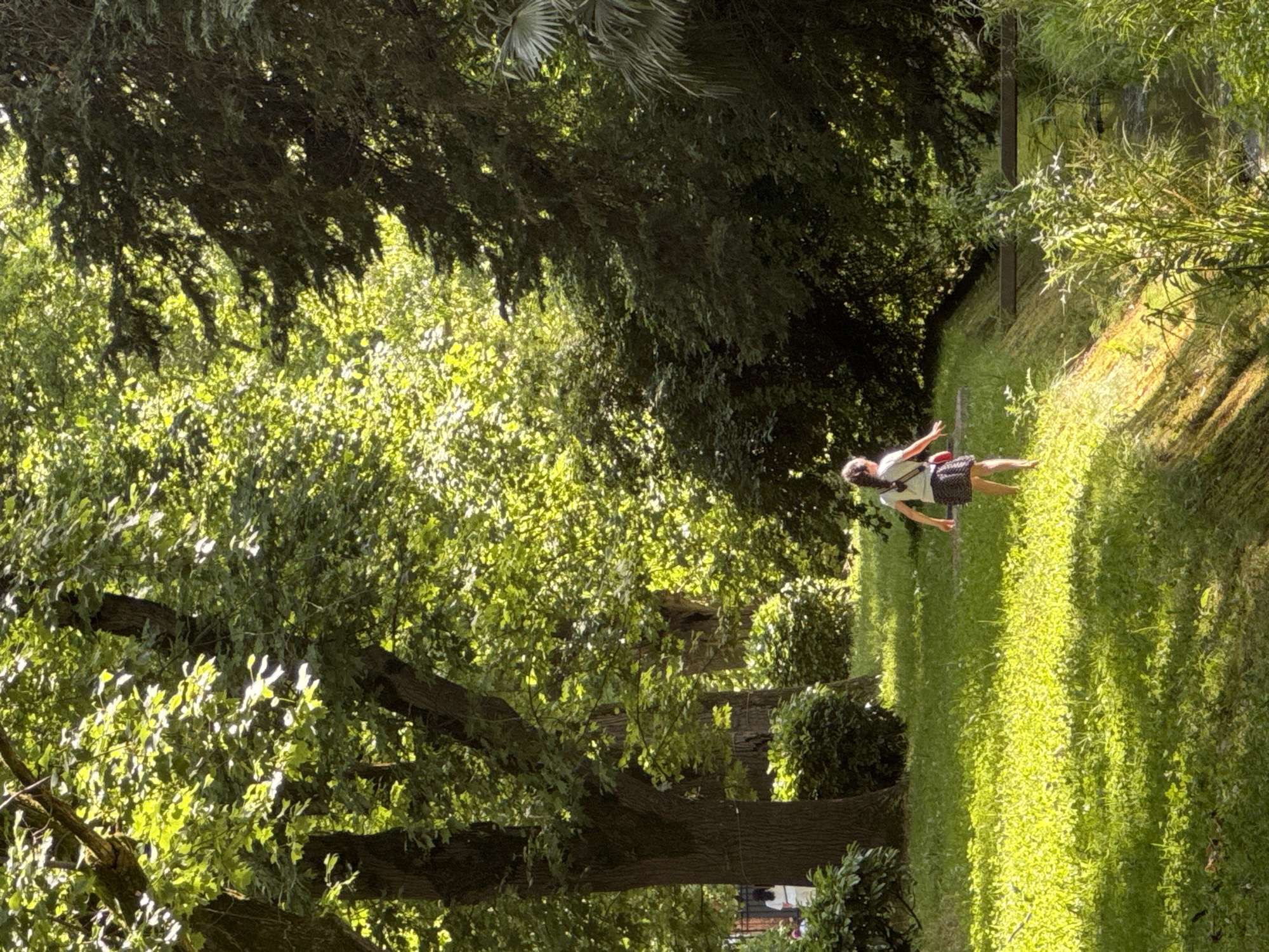 A young girl with dark hair pulled back in a ponytail walks across a sun-drenched grassy area in a park. She is wearing a light-colored t-shirt and a dark skirt. She is positioned in the mid-ground, facing away from the viewer and toward the right side of the frame. Behind her, a stream runs along the edge of the park, bordered by lush green vegetation and trees. The trees, with their dense foliage, create a dappled light effect on the grass. The scene appears to be set in a tranquil, natural environment within the city of Sirius, Russia.