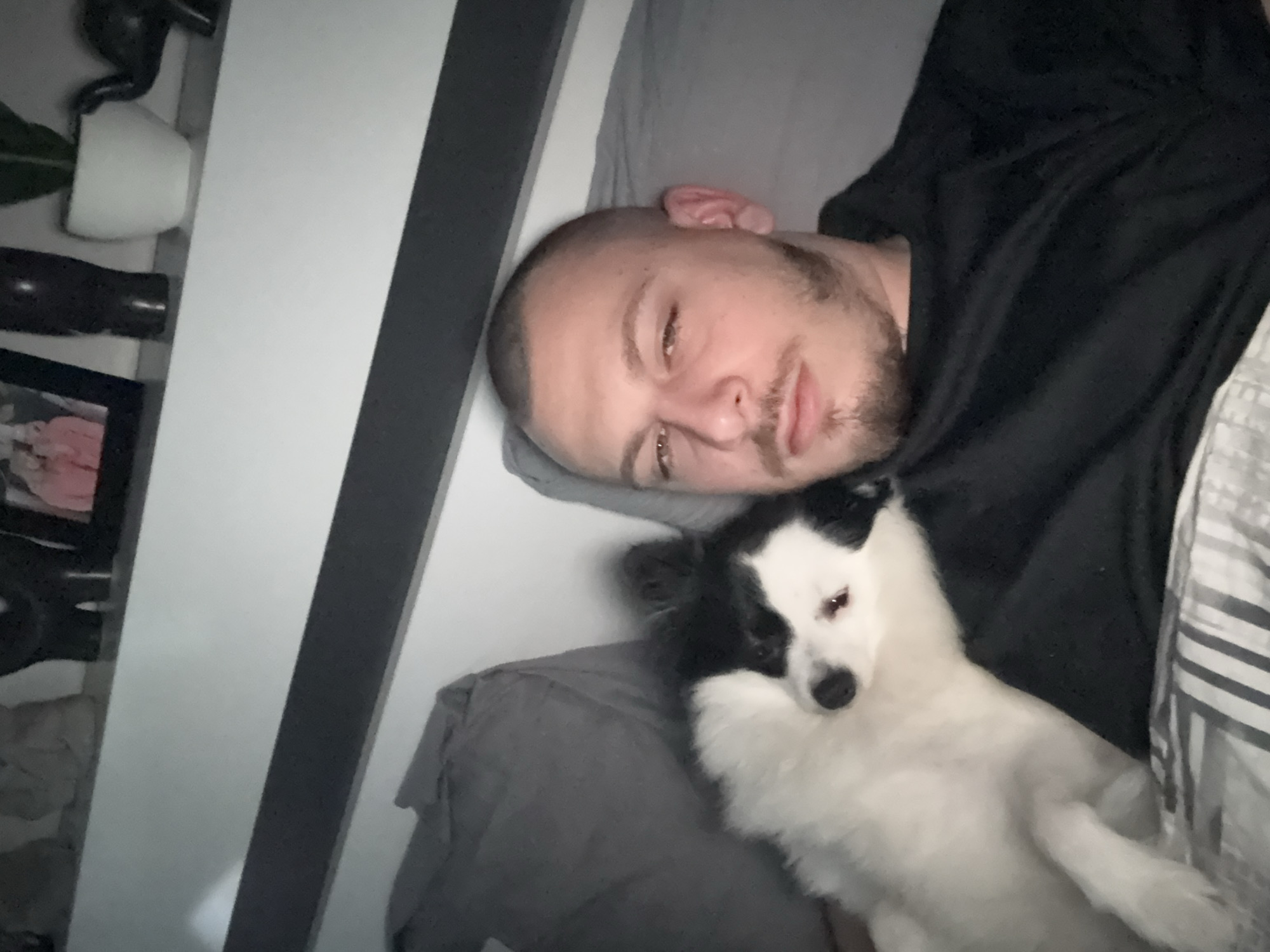 The image depicts a man lying in bed next to a black and white dog. The man has short, shaved hair and a beard, and is wearing a black shirt. The dog is lying on the bed next to the man, facing the camera. The bed has gray sheets and a white and gray striped blanket. In the background, there is a plant in a white pot, a black figurine, and a framed picture on a shelf. The location of the scene is likely inside a private residence, but the location in the city of Stara Zagora, Bulgaria cannot be determined from the given image.